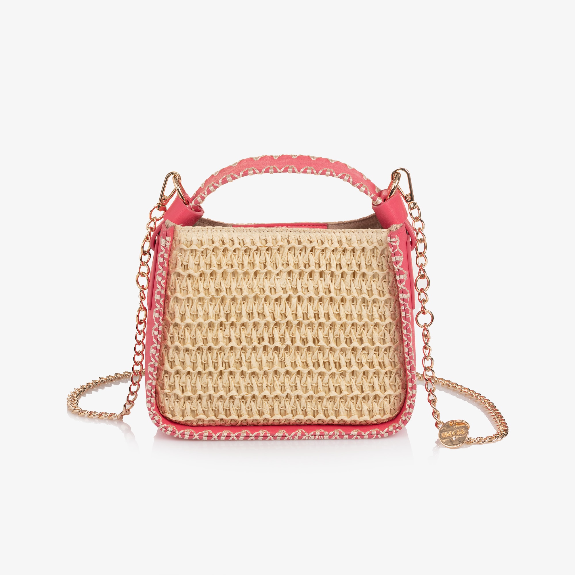 Girls Pink Faux Leather & Beige Raffia Handbag (19cm) - View 1