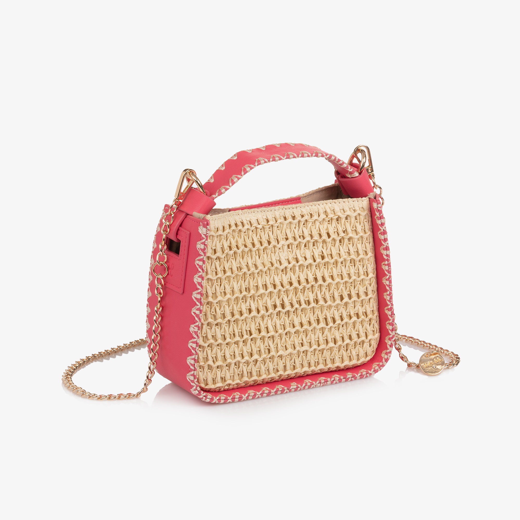Girls Pink Faux Leather & Beige Raffia Handbag (19cm) - View 3