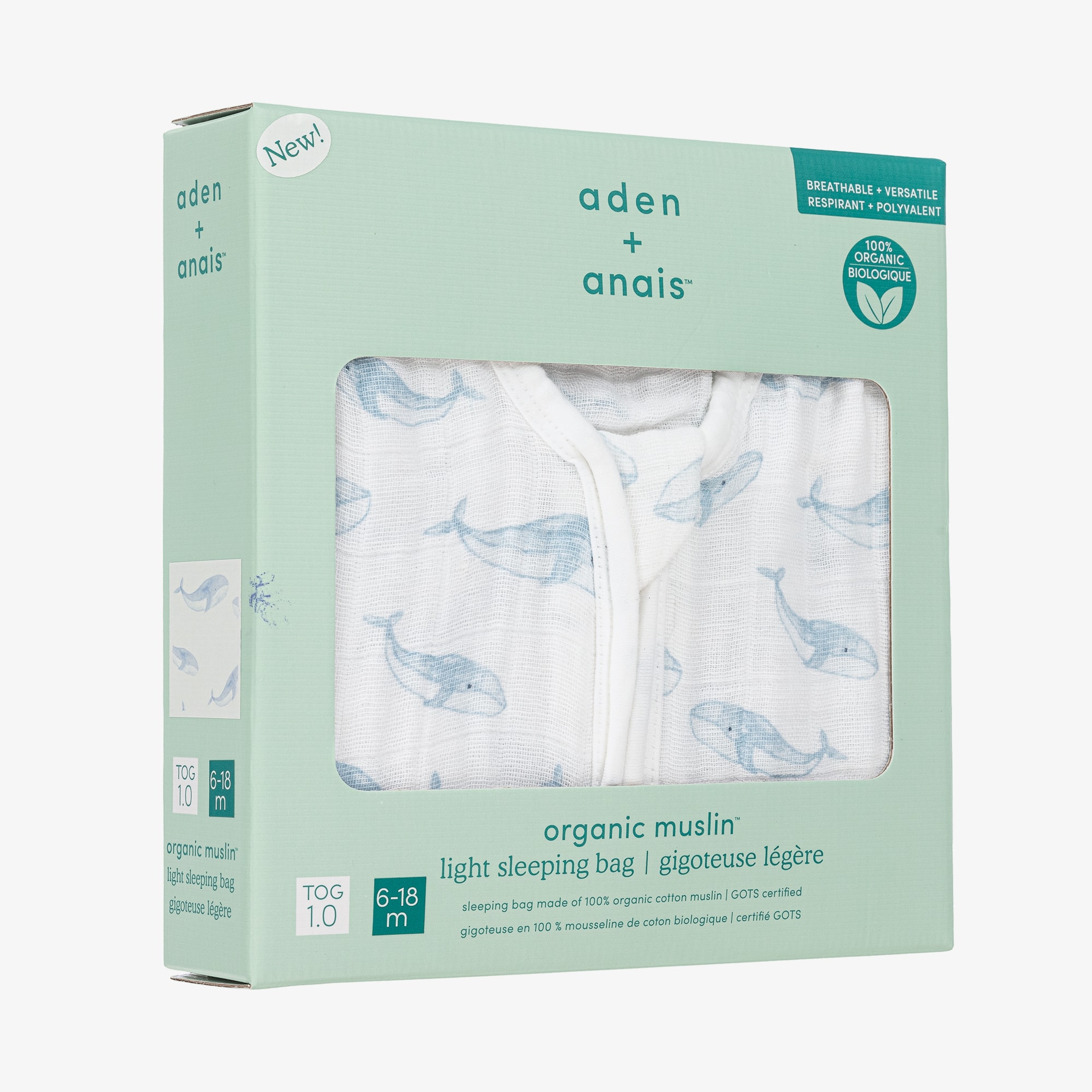 White Organic Cotton Blue Whale Print Sleeping Bag - View 2
