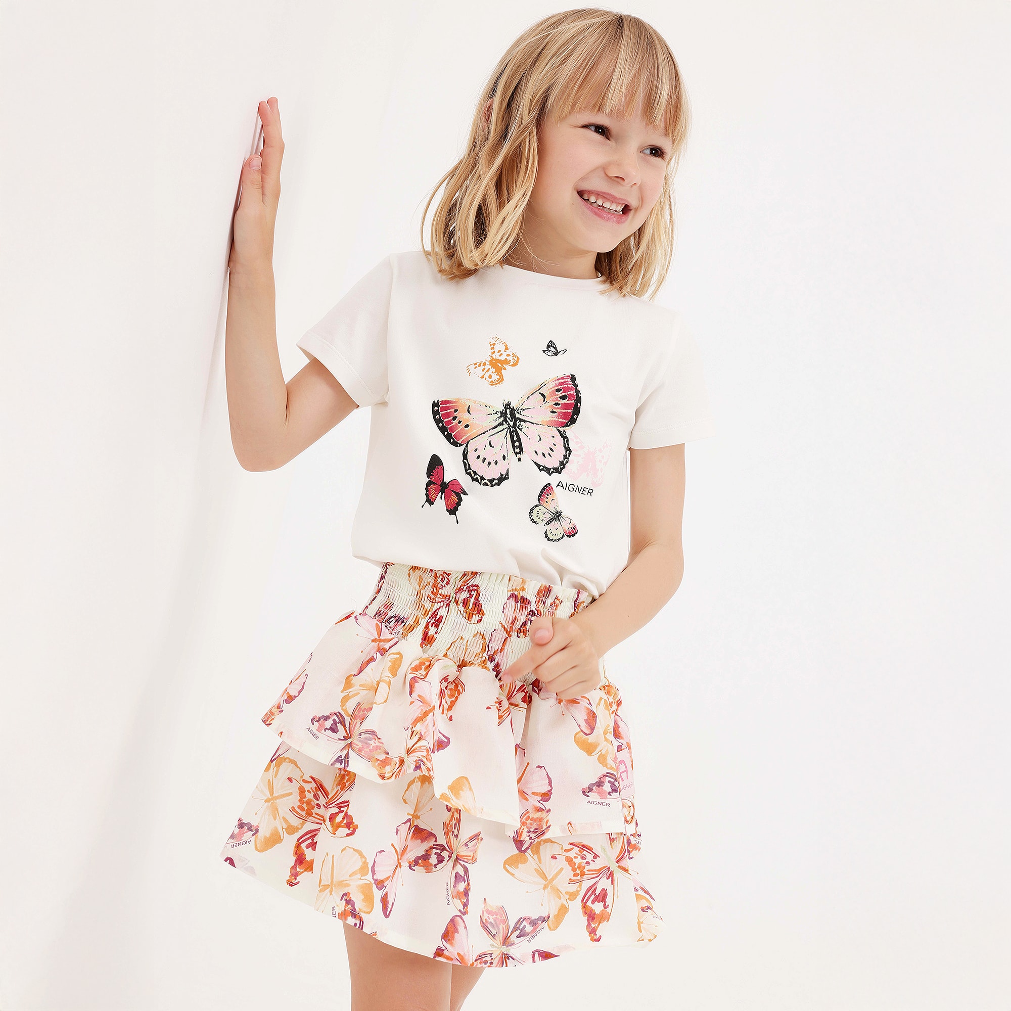 Girls Ivory & Pink Butterfly Print Cotton Skirt - View 2