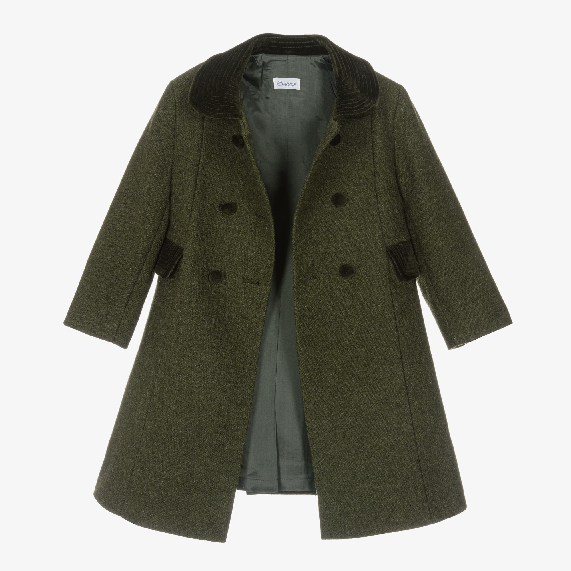 Forest Green Felted Wool Coat with Velvet Trims - View 3