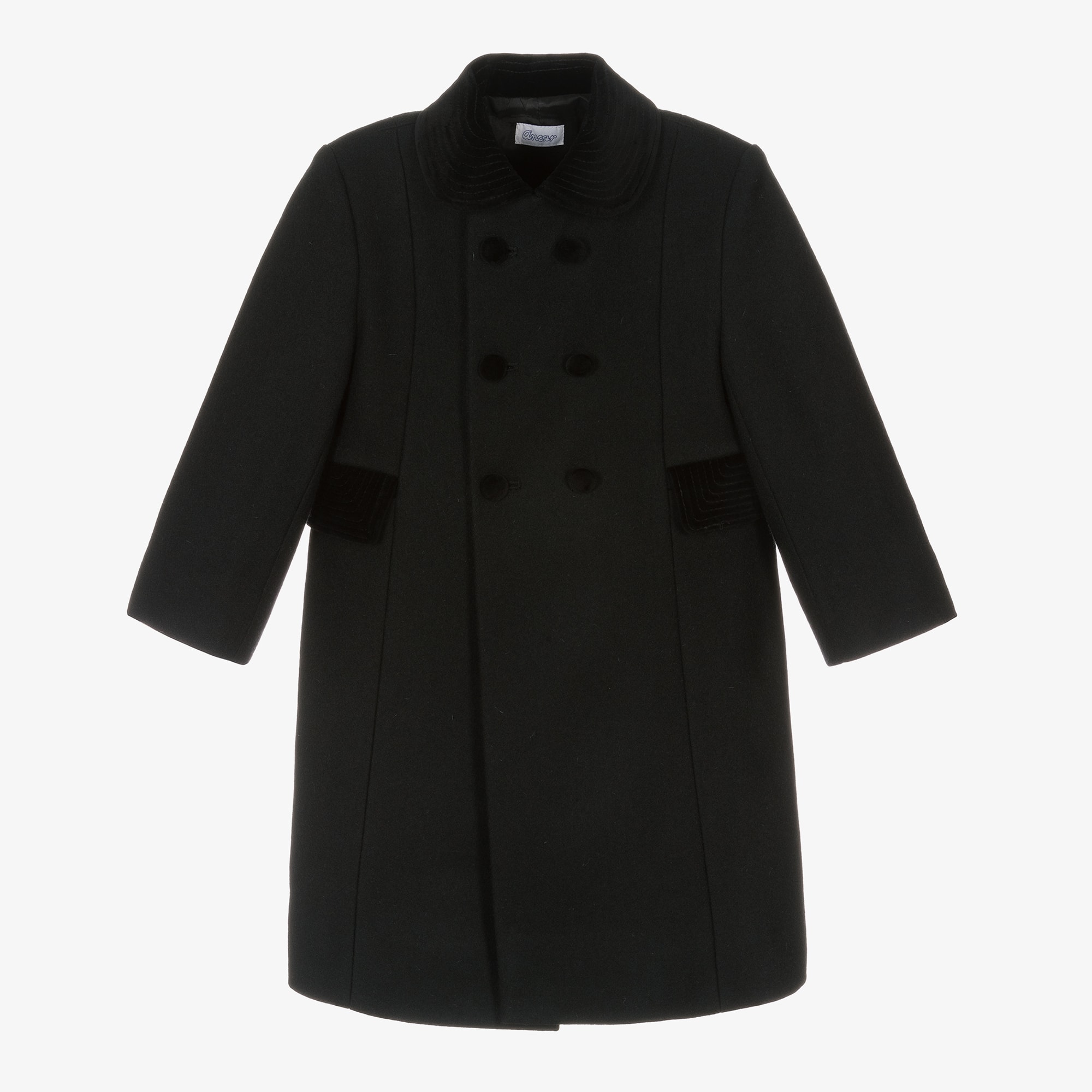 Traditional Black Wool Coat with Velvet Trims - View 1