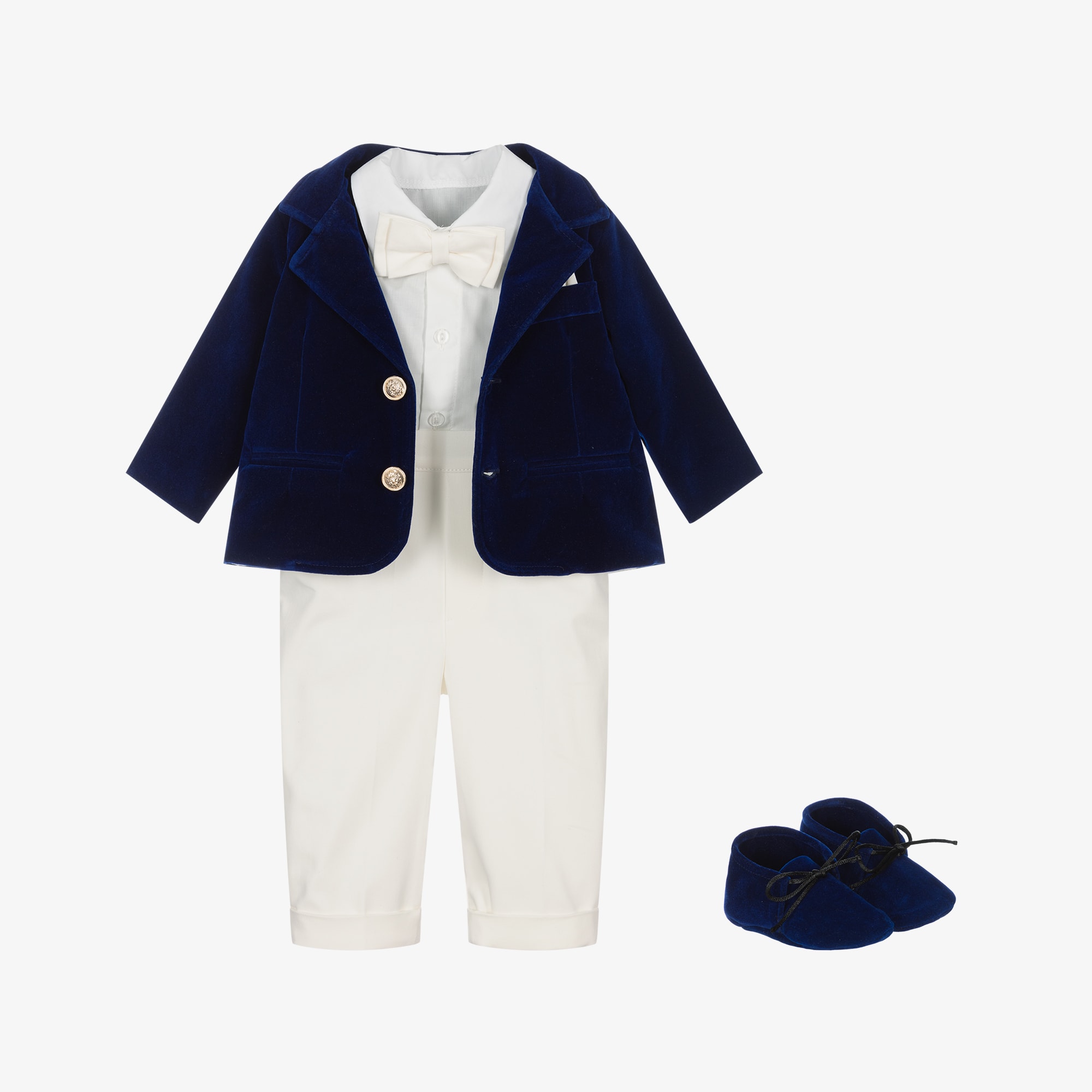 Baby Boys Pale Blue Velvet & Ivory 5 Piece Suit - View 1