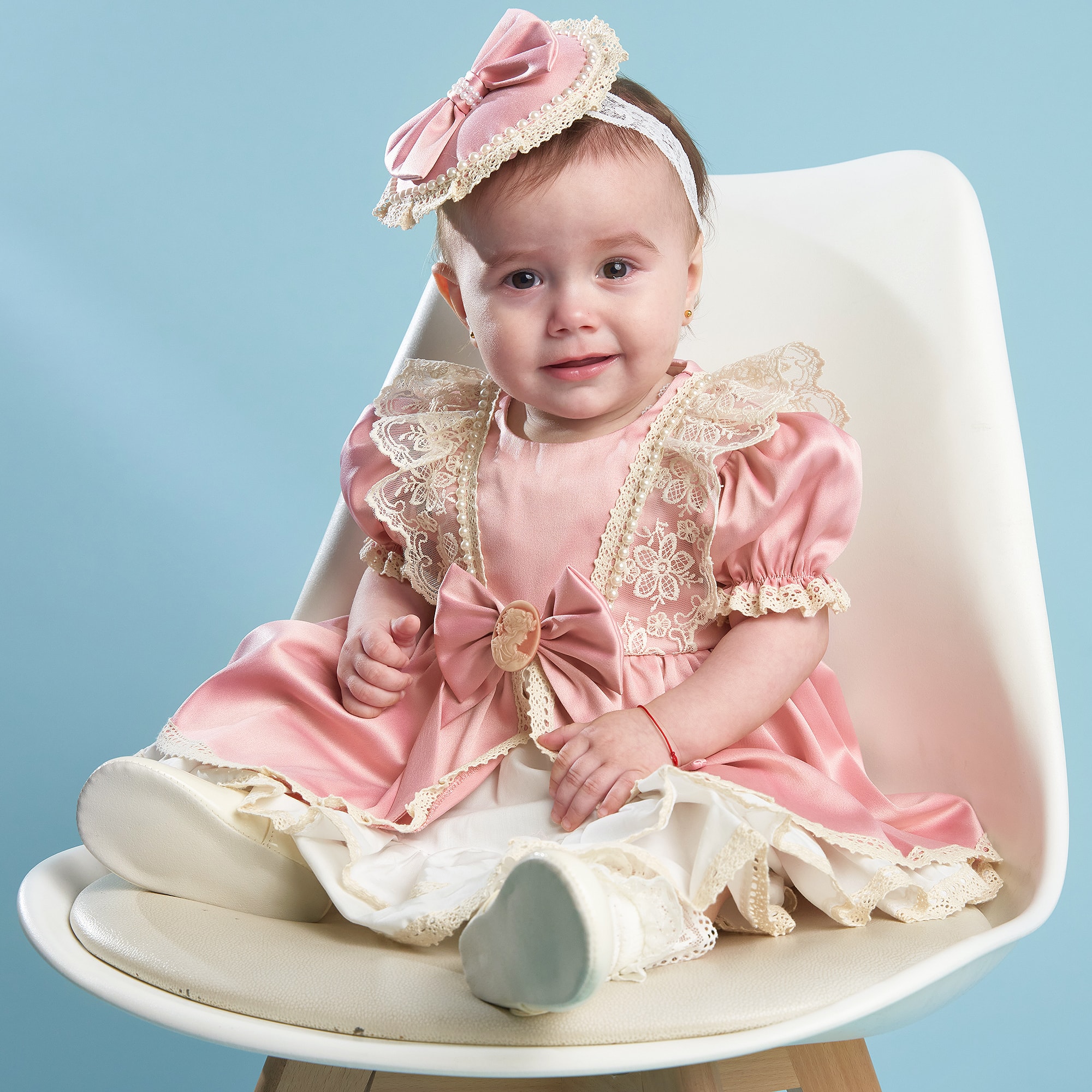 Baby Girls Pink Satin Lace Trim Dress Set - View 2