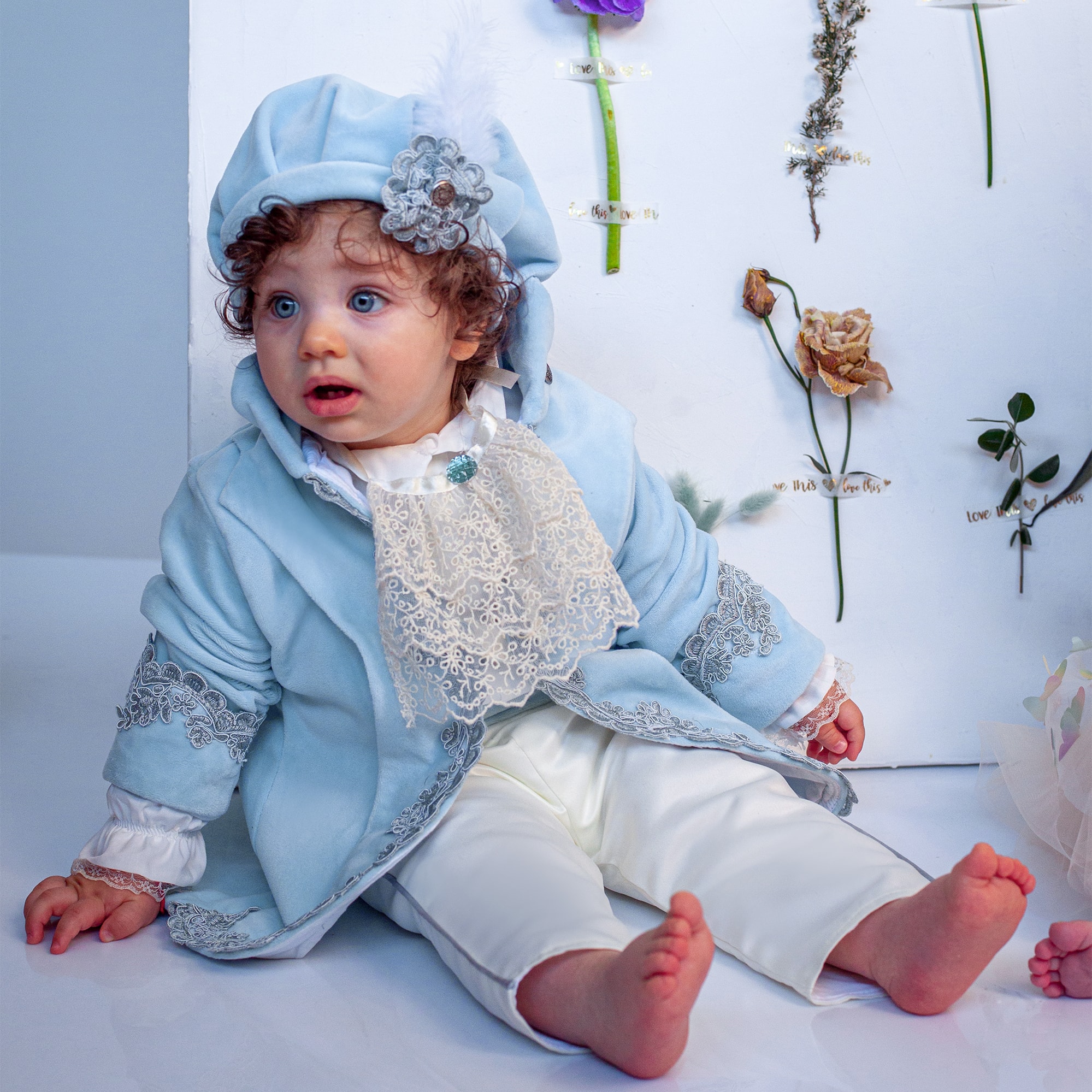 Boys Blue Velvet & Satin Suit - View 2