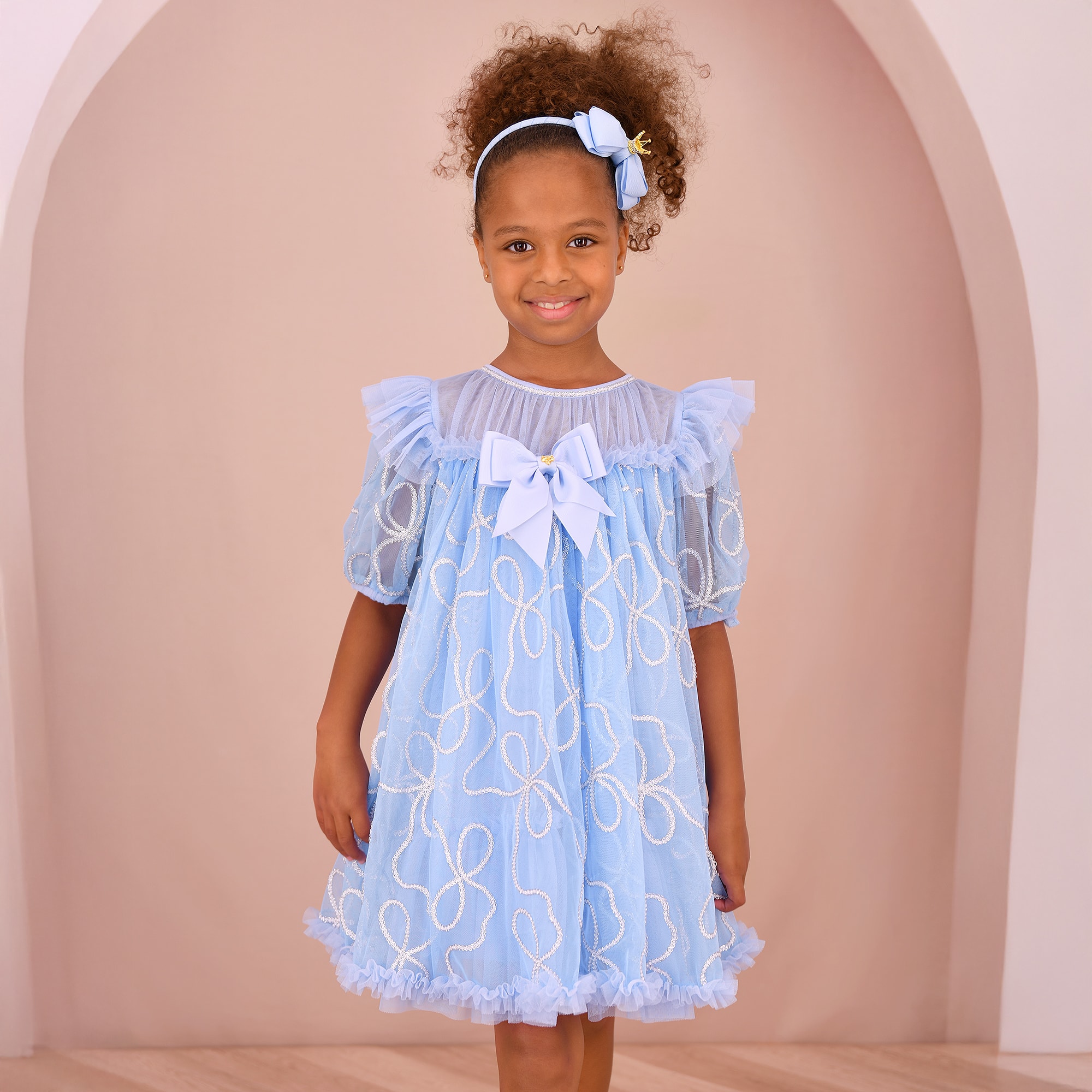 Girls Blue Tulle Dress with Silver Chain Design - View 2