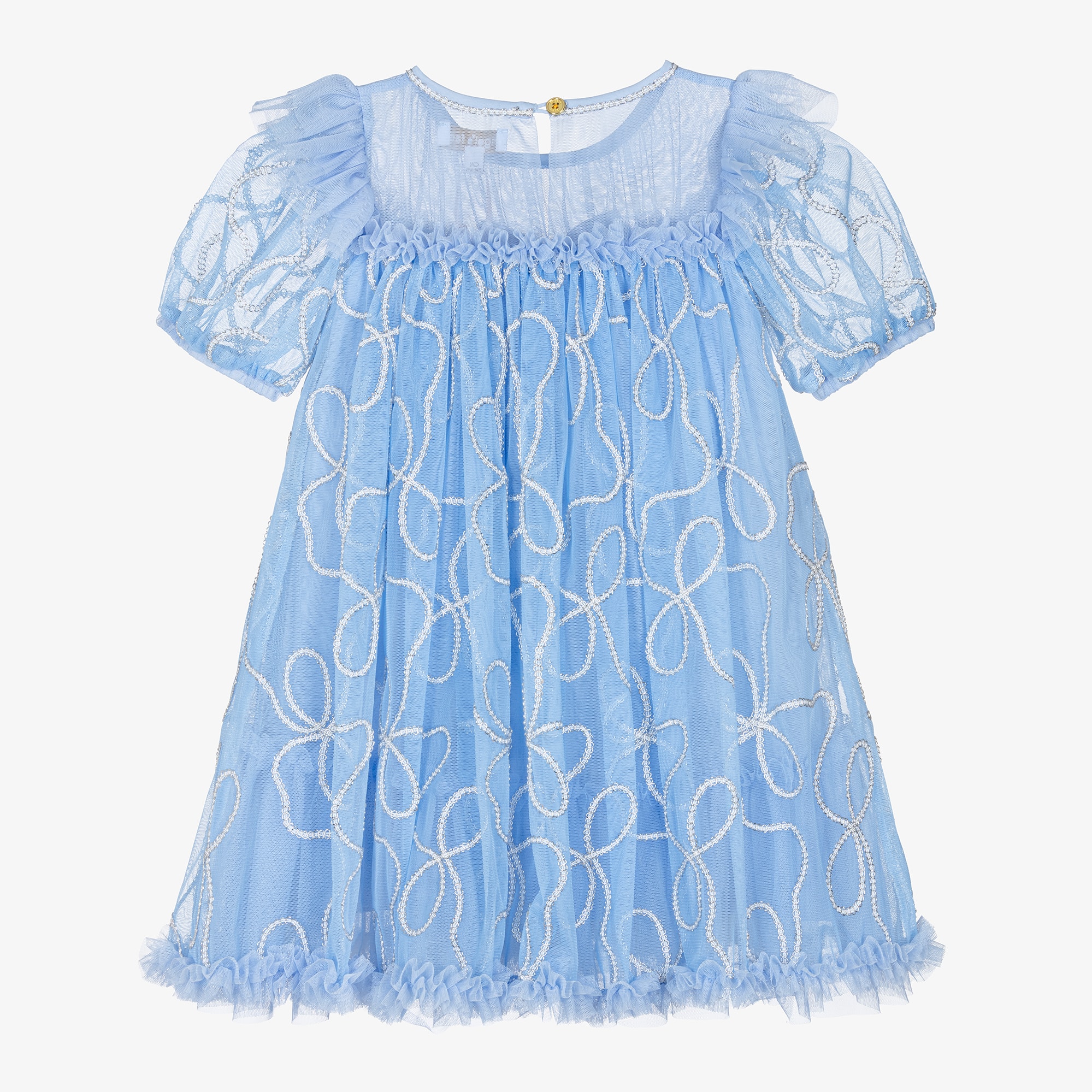 Girls Blue Tulle Dress with Silver Chain Design - View 3