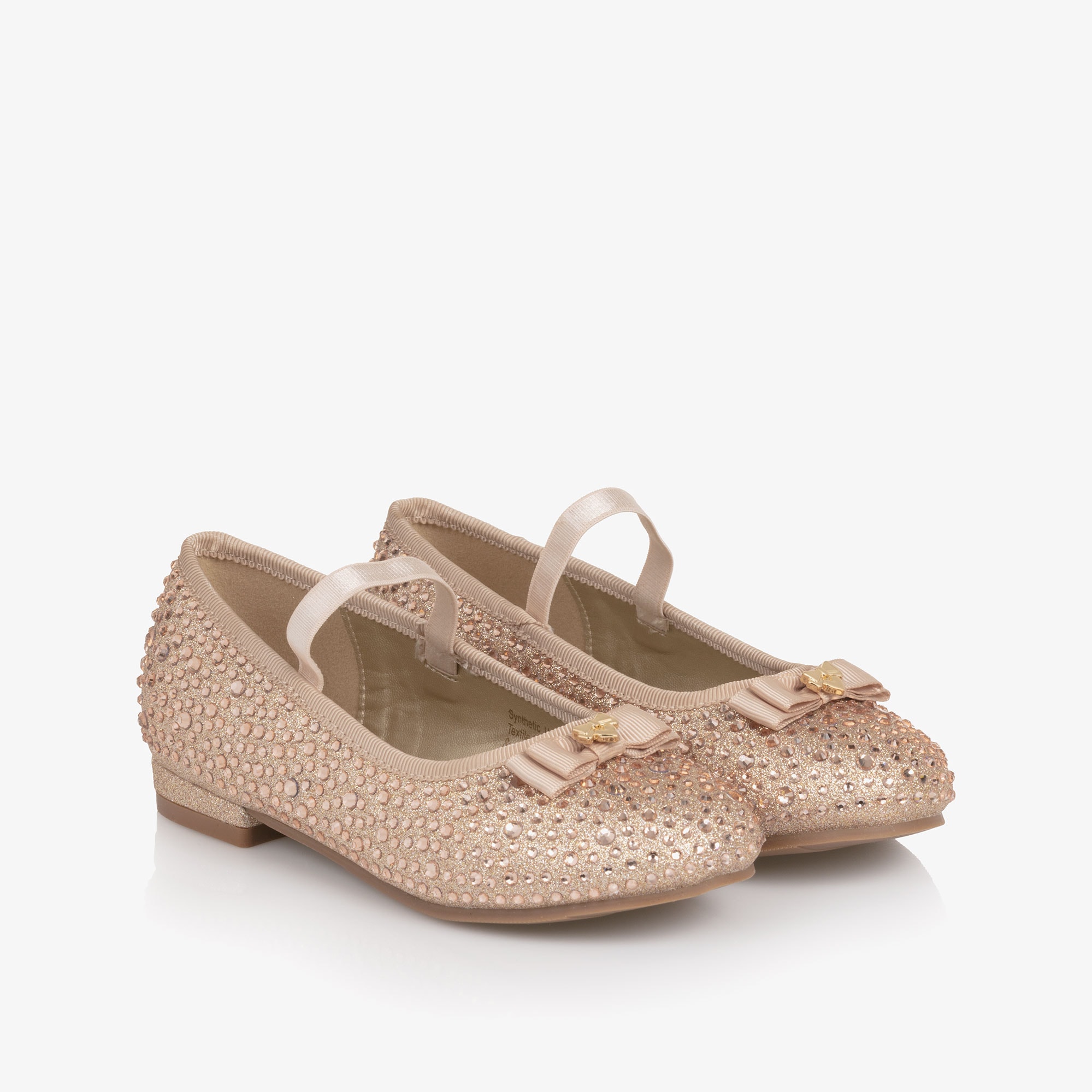 Girls Gold Glitter & Diamanté Ballerina Shoes with Logo Bow - View 1