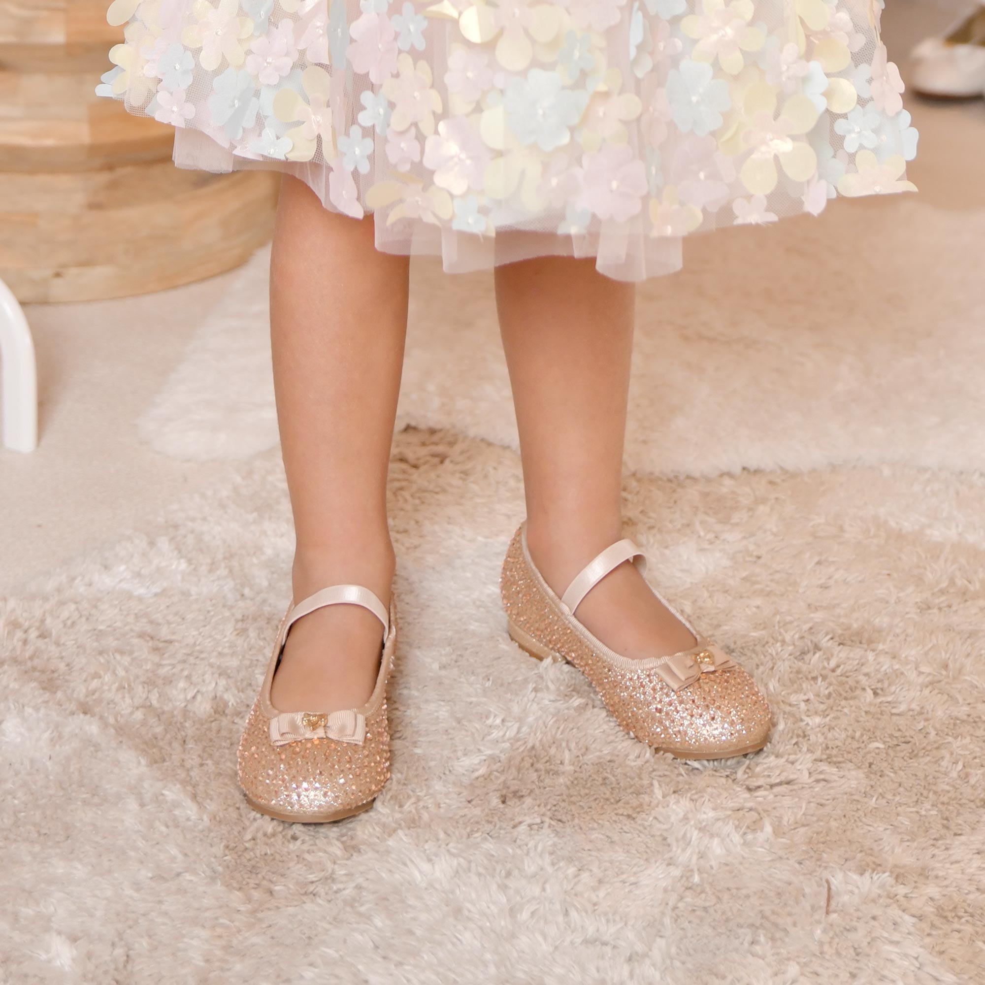 Girls Gold Glitter & Diamanté Ballerina Shoes with Logo Bow - View 2