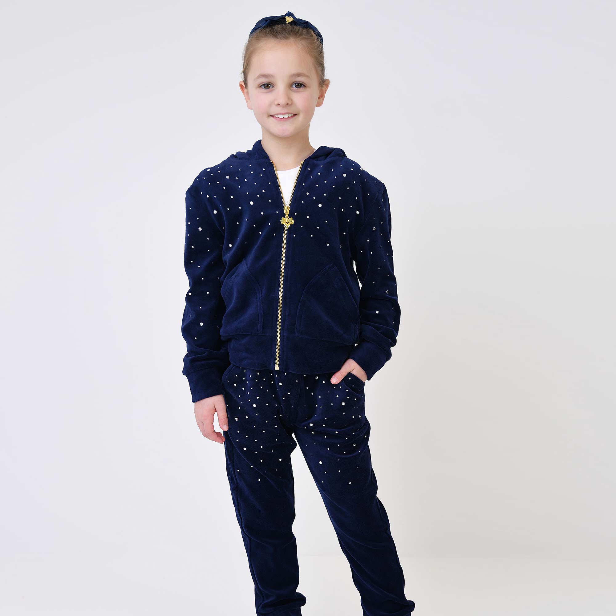 Girls Navy Blue Velour Tracksuit with Rhinestones - View 2