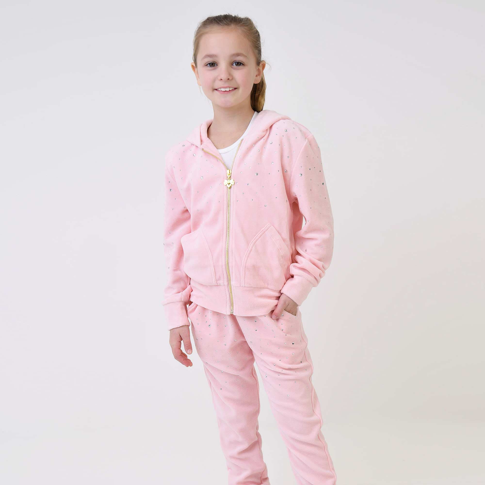 Girls Pale Pink Velour Tracksuit with Rhinestones - alternate view