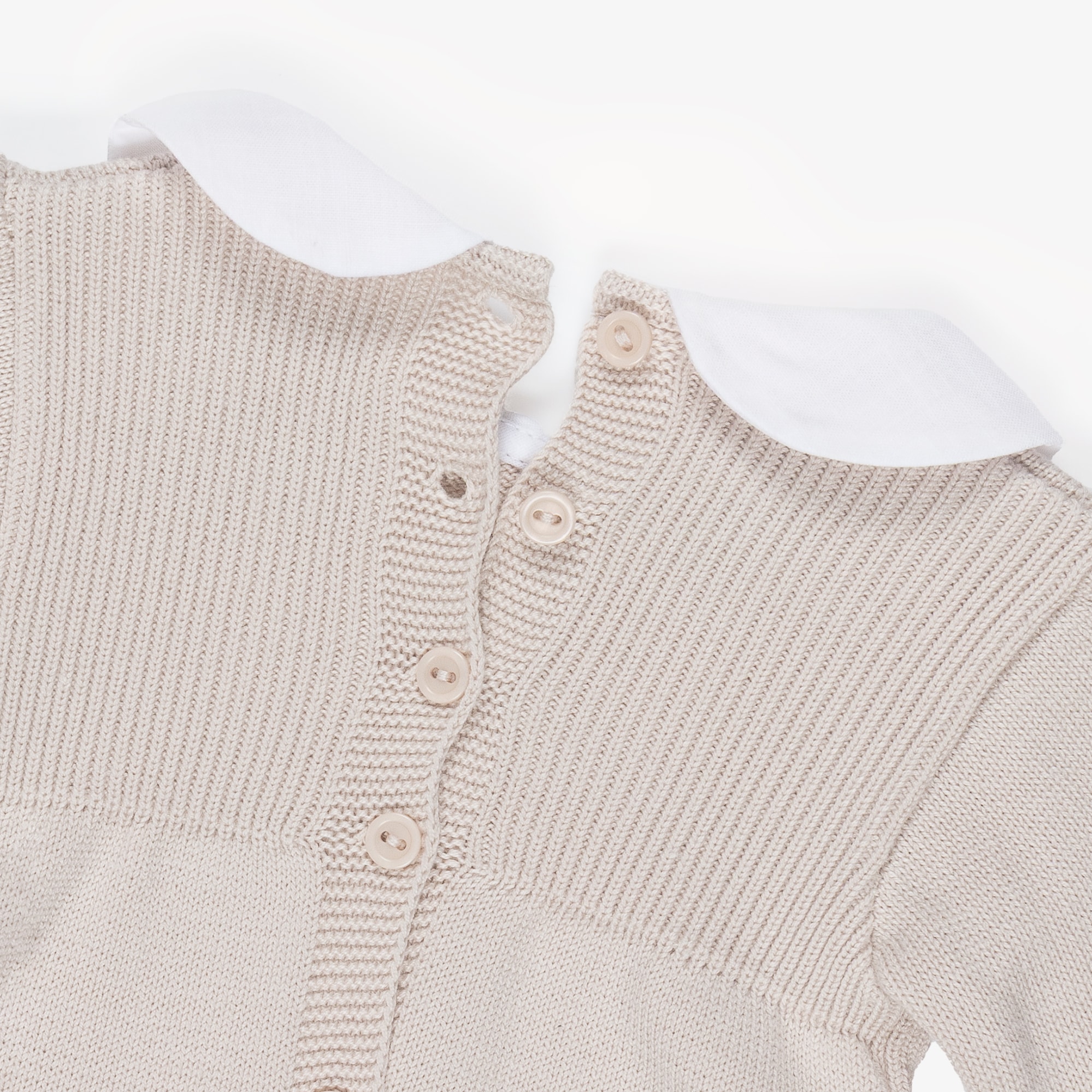 Beige Cotton Knit Babygrow with White Collar - View 4