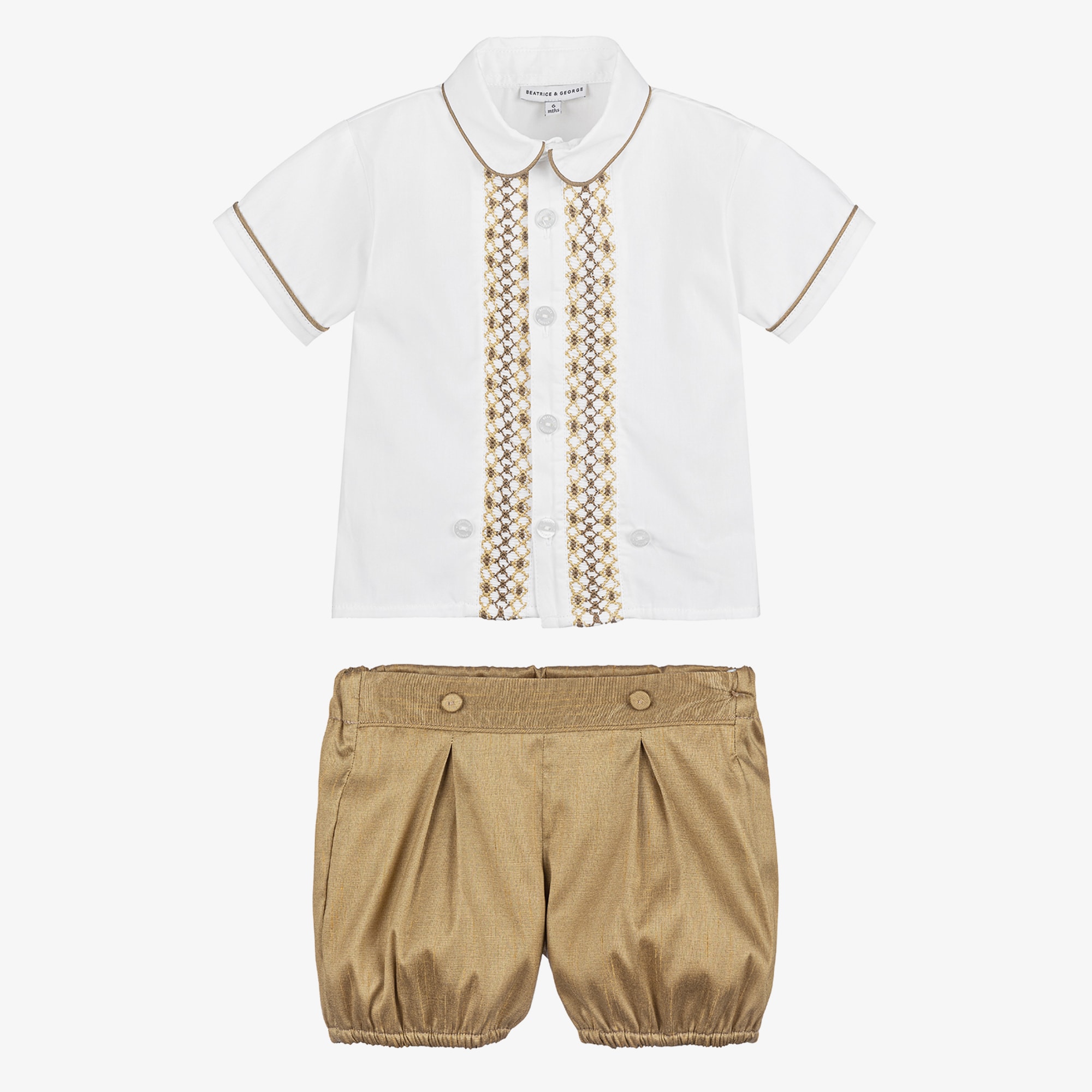 Boys Gold Hand-Smocked Dupion Buster Suit - View 3