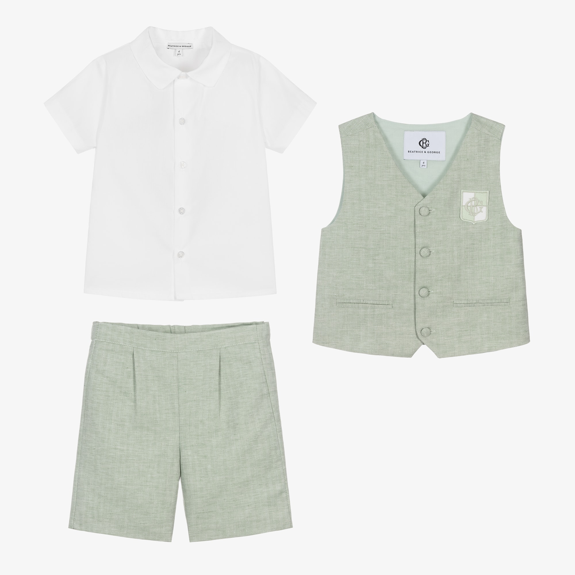Boys Green Cotton & Linen Waistcoat Suit - View 3