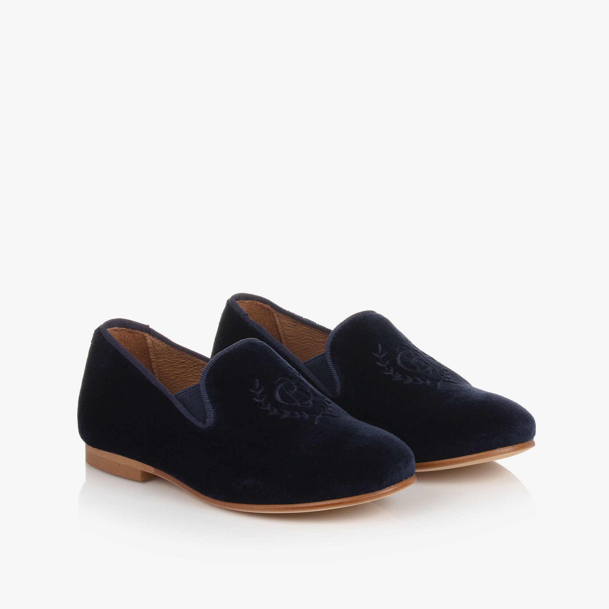 Boys Navy Blue Velvet Loafers - View 1