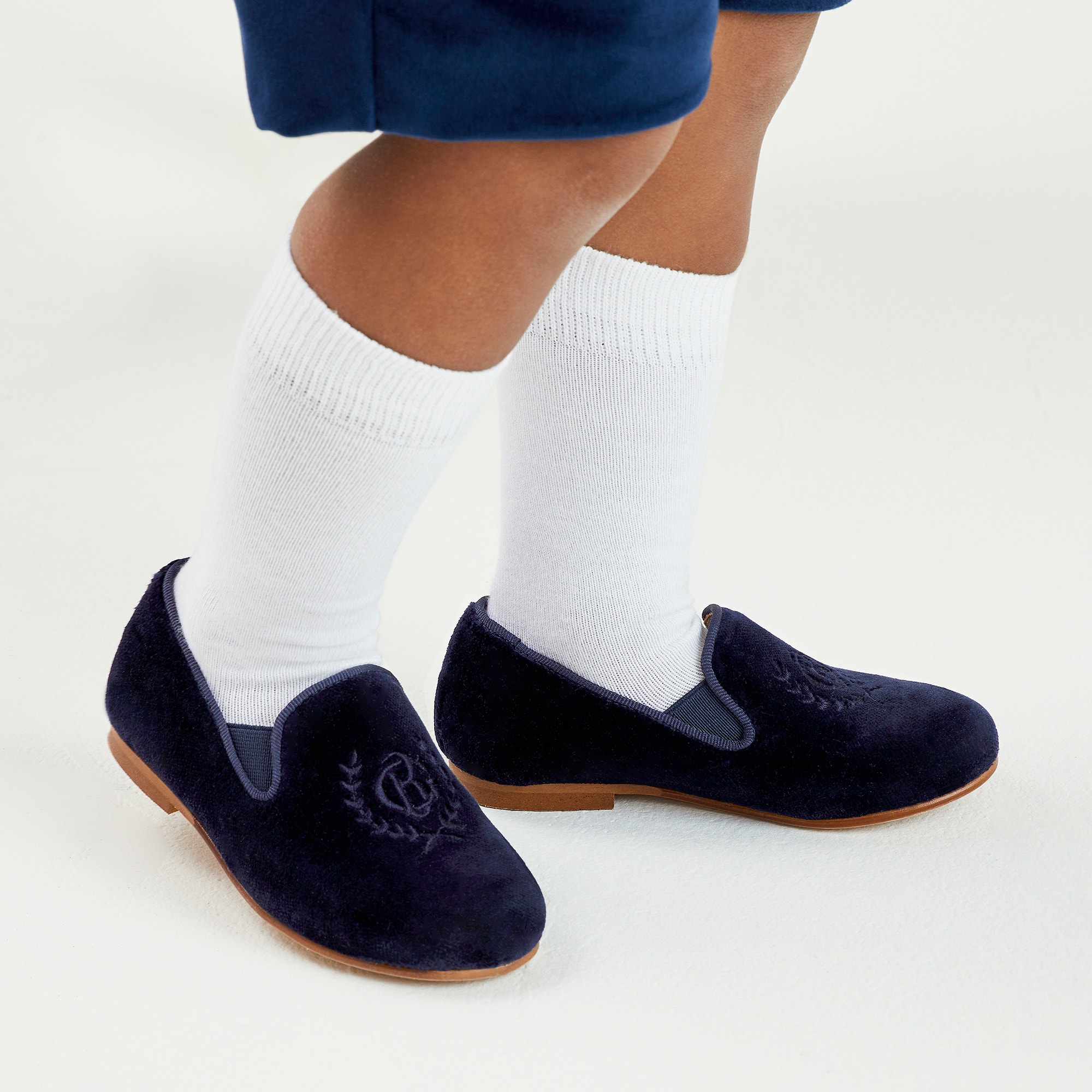 Boys Navy Blue Velvet Loafers - View 2