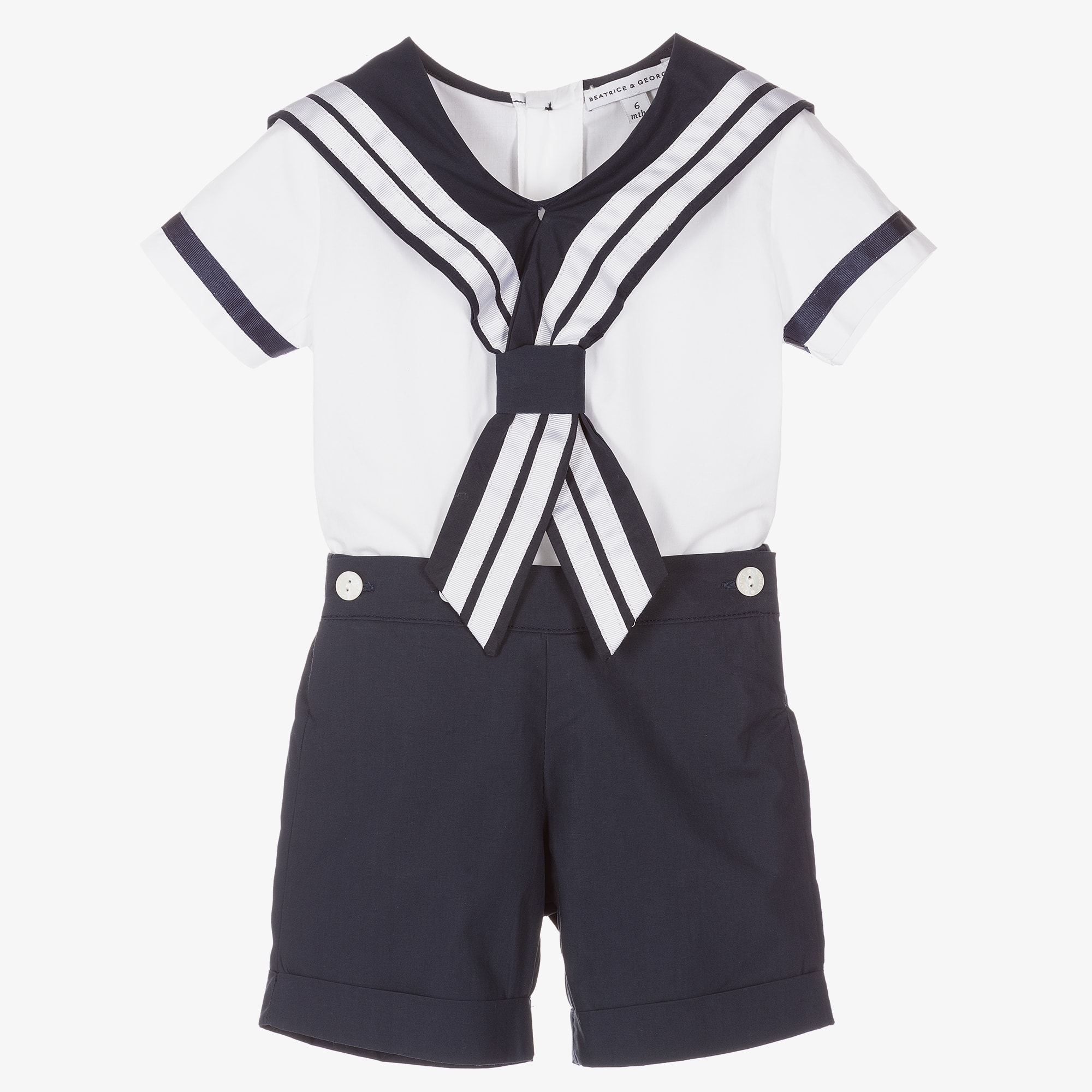 Boys White & Blue Cotton Sailor Buster Suit - View 1