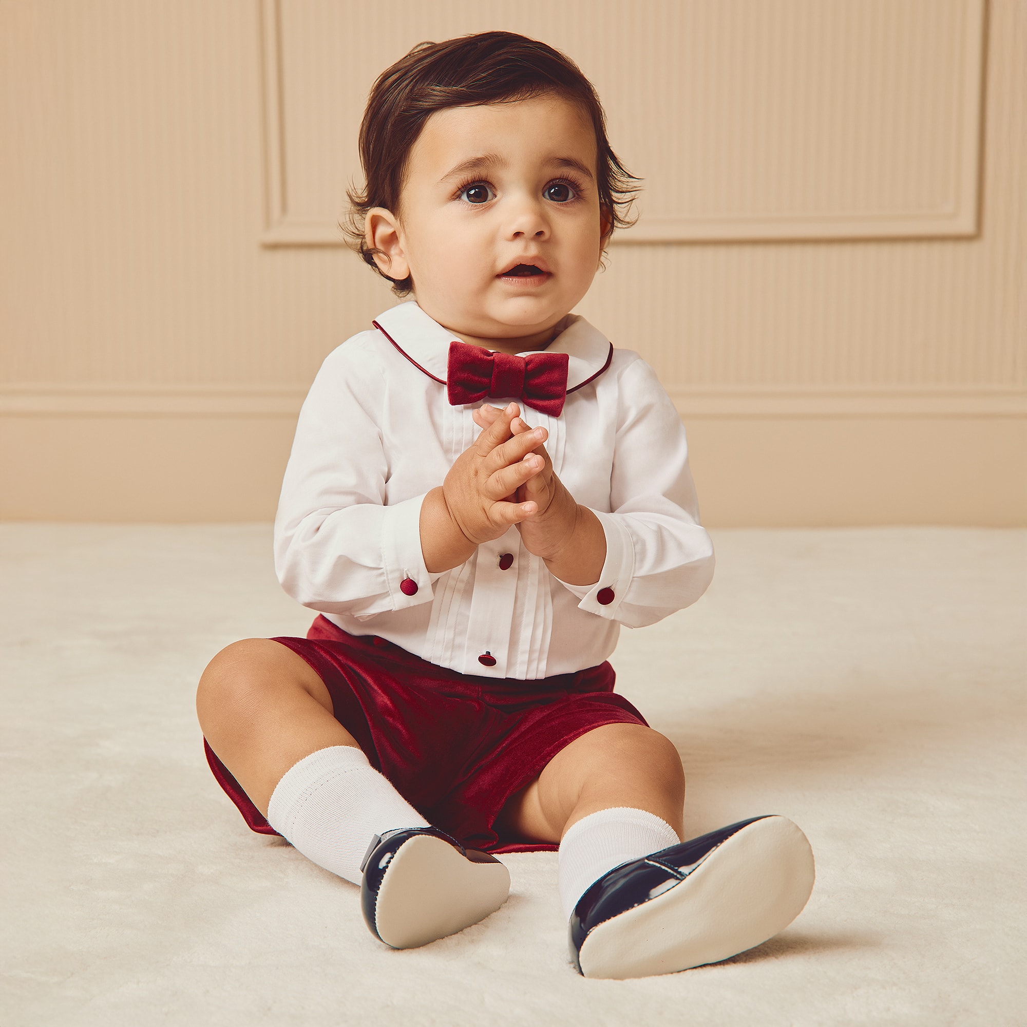 Boys White & Burgundy Red Velvet Buster Suit - View 2