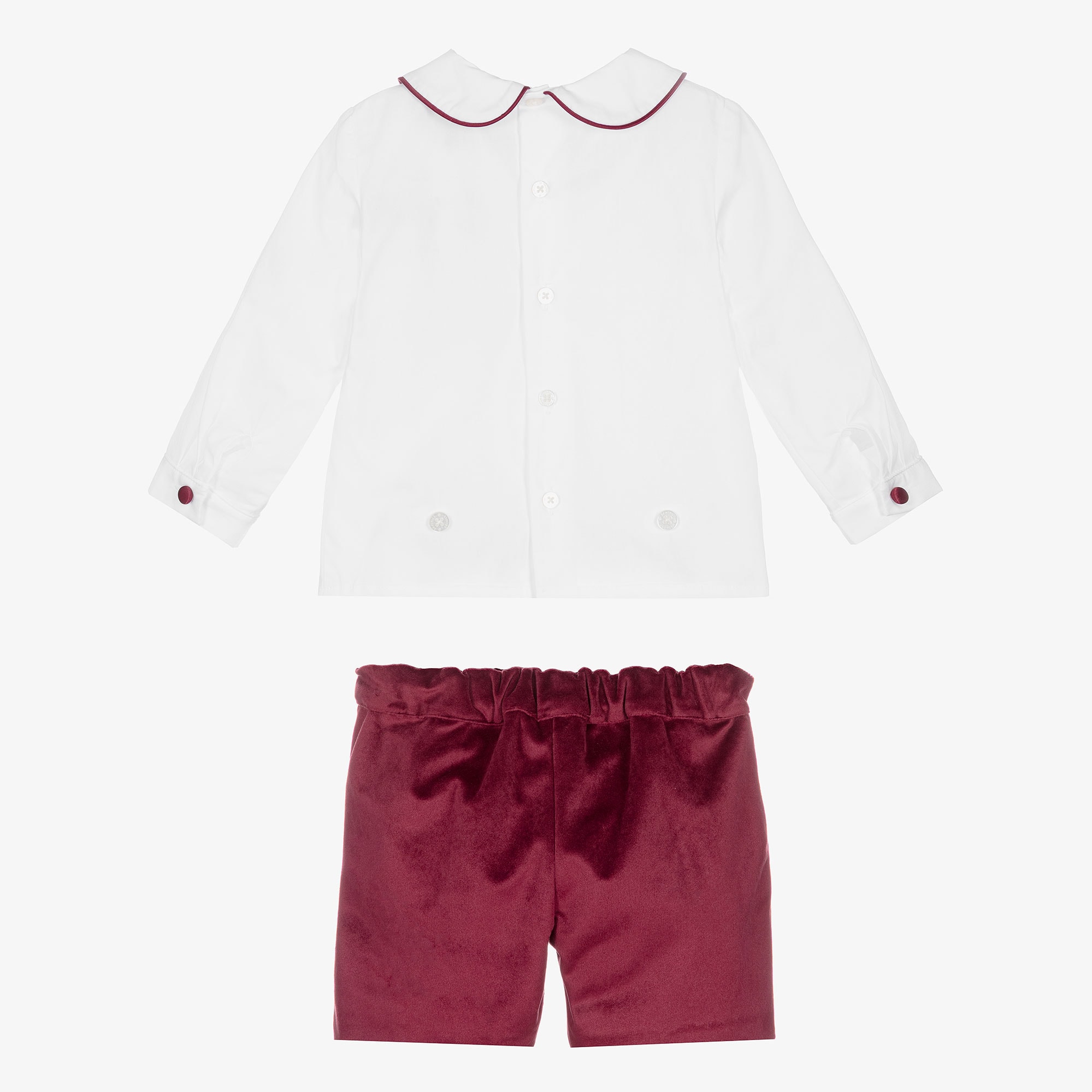Boys White & Burgundy Red Velvet Buster Suit - View 4