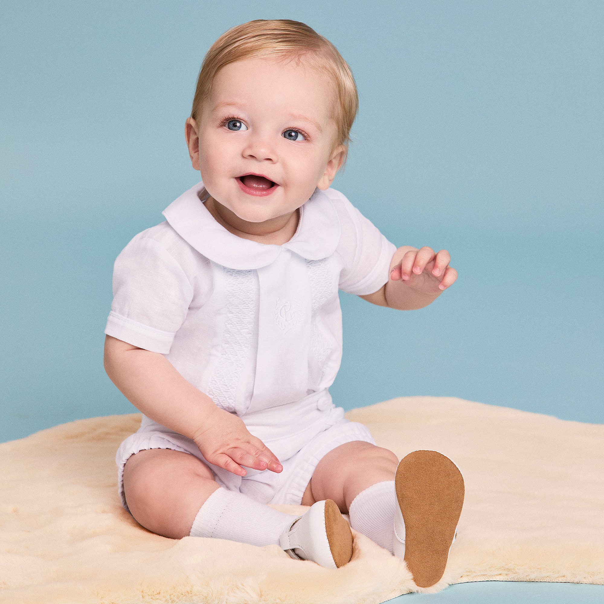 Boys White Linen & Cotton Buster Suit - View 2