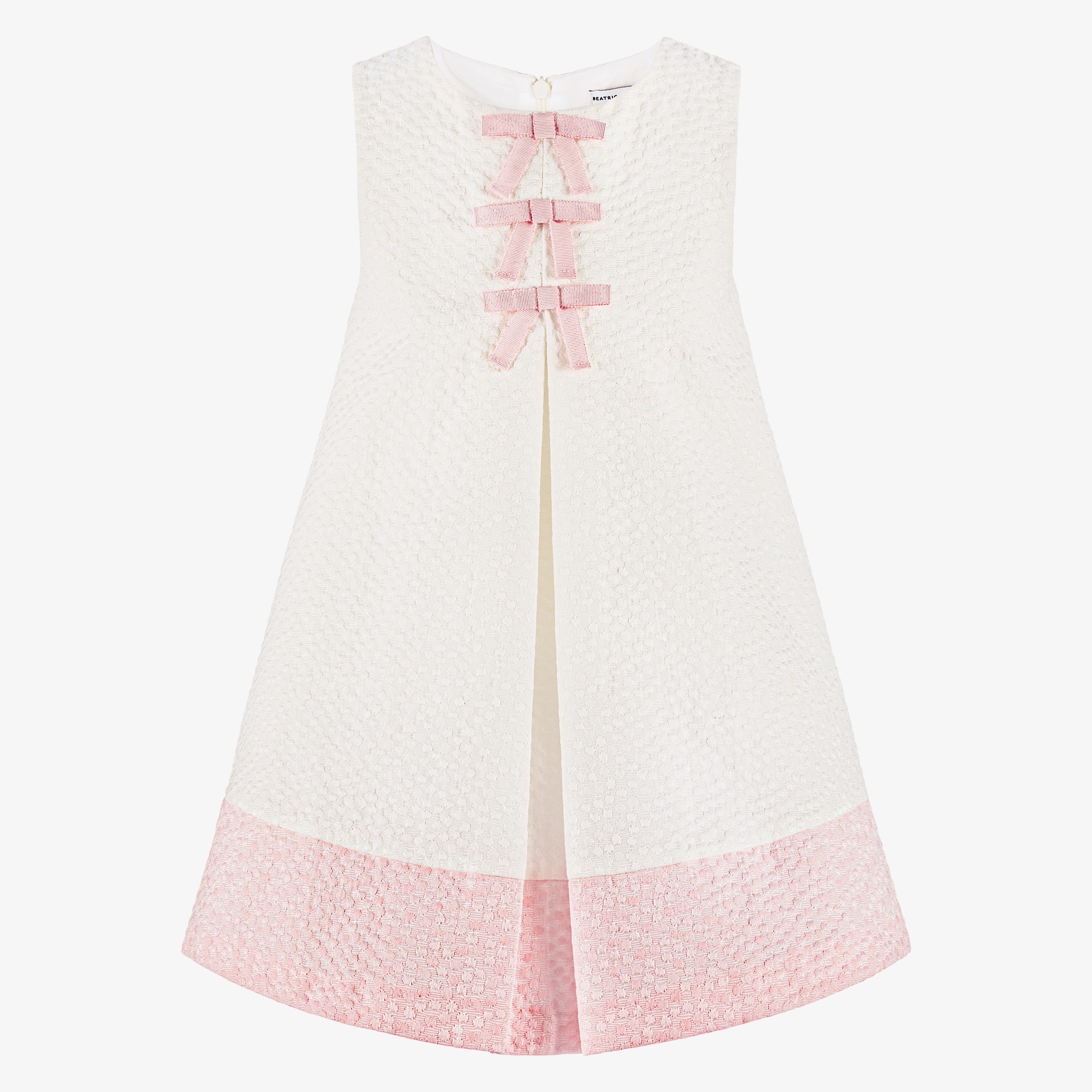 Girls Ivory & Pink Jacquard Dress with Bows - View 1