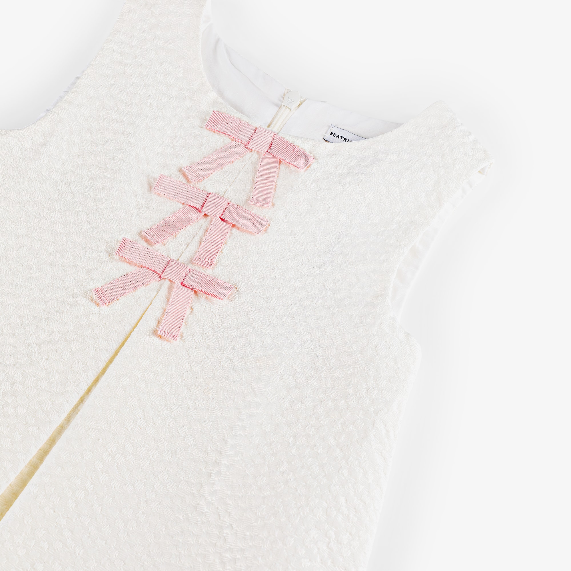 Girls Ivory & Pink Jacquard Dress with Bows - View 3