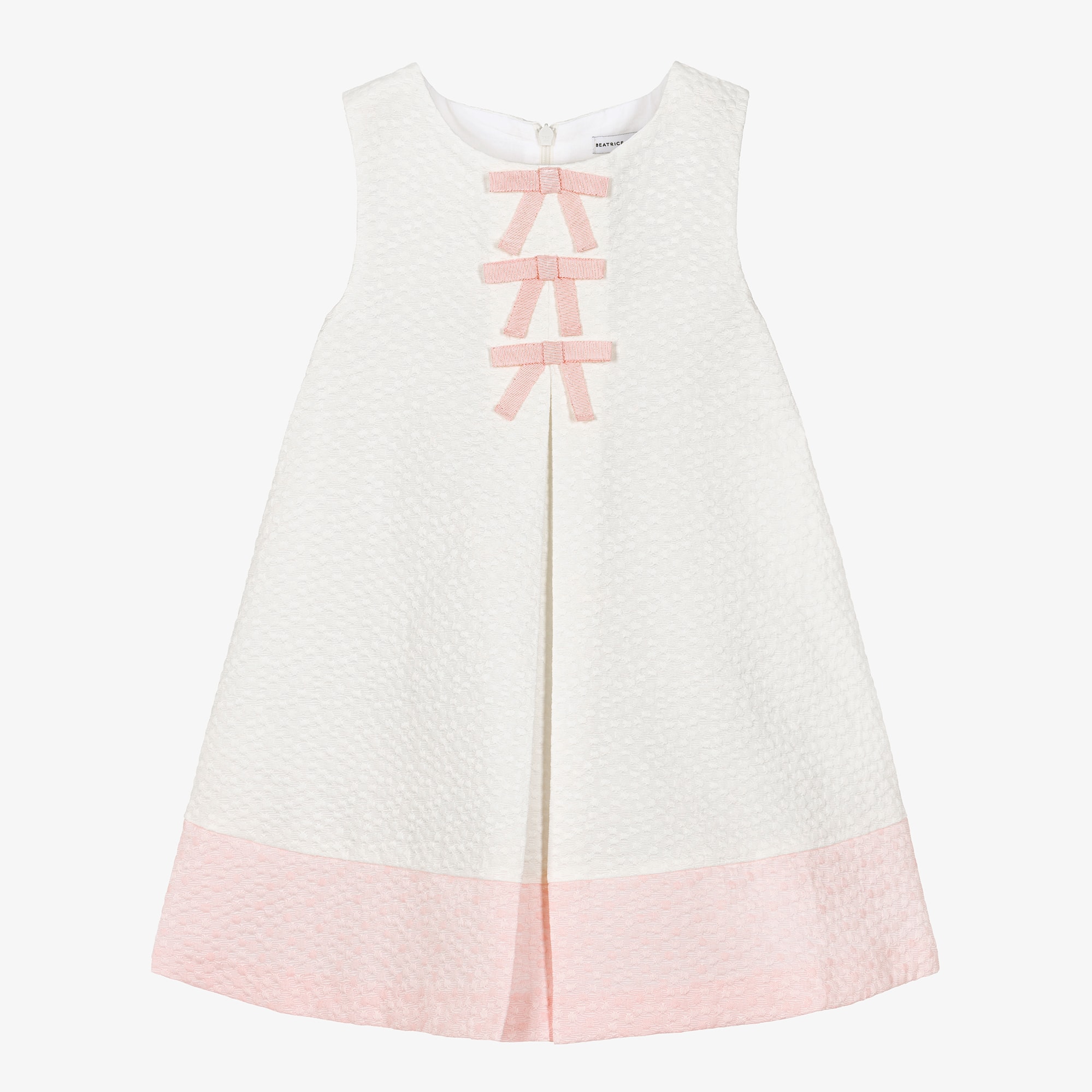 Girls Ivory & Pink Jacquard Dress with Bows - View 5