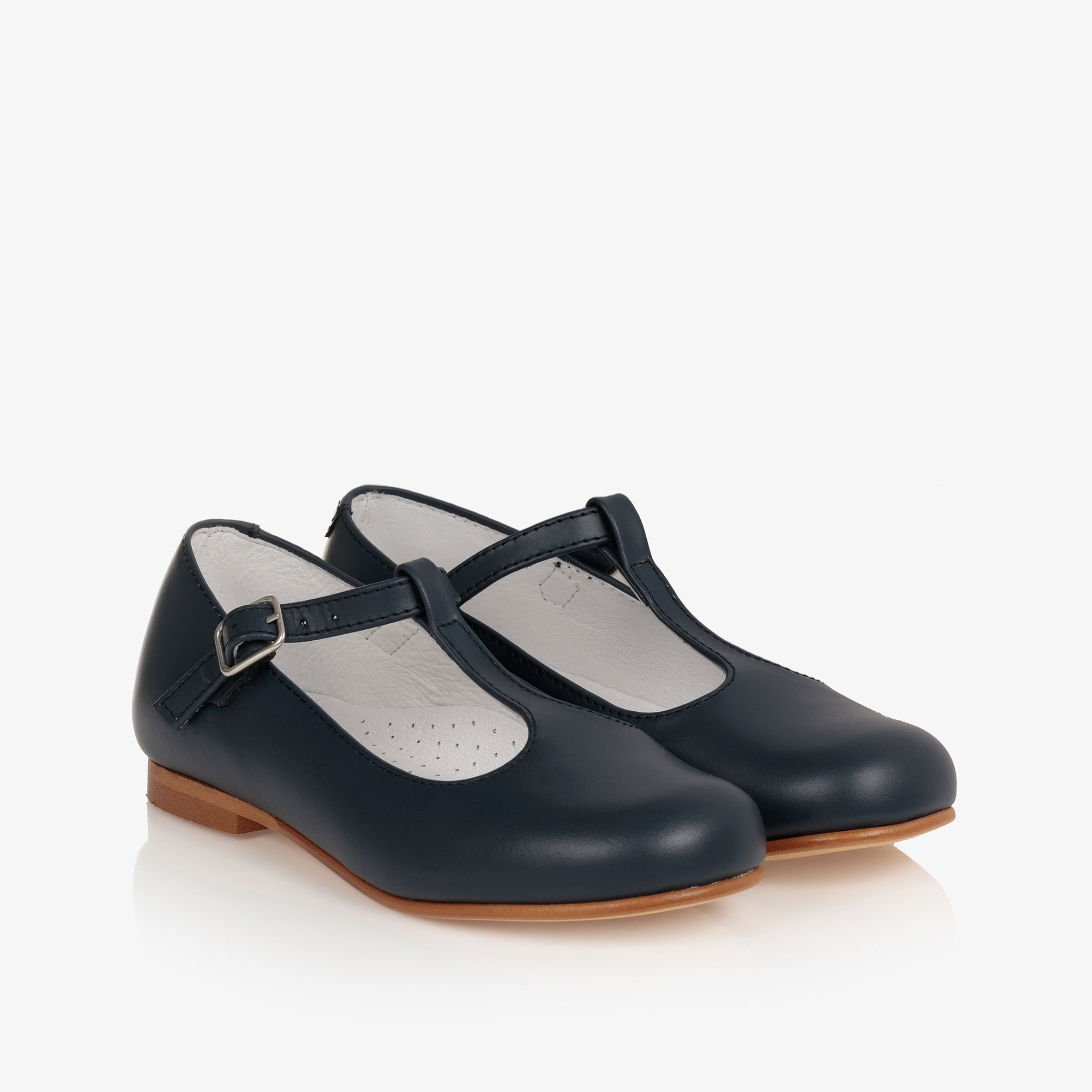 Girls Navy Blue Leather T-Bar Shoes - View 1