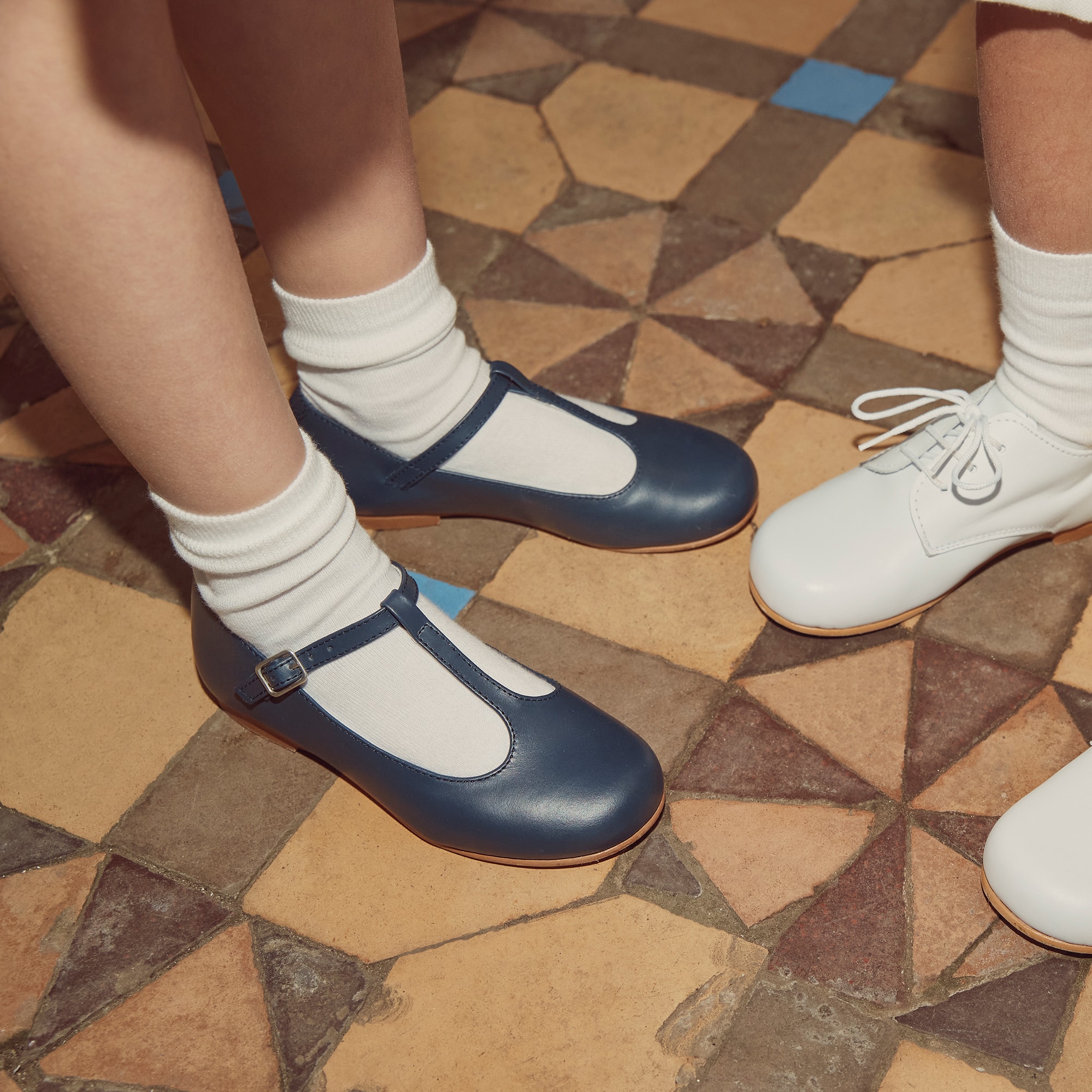 Girls Navy Blue Leather T-Bar Shoes - View 2