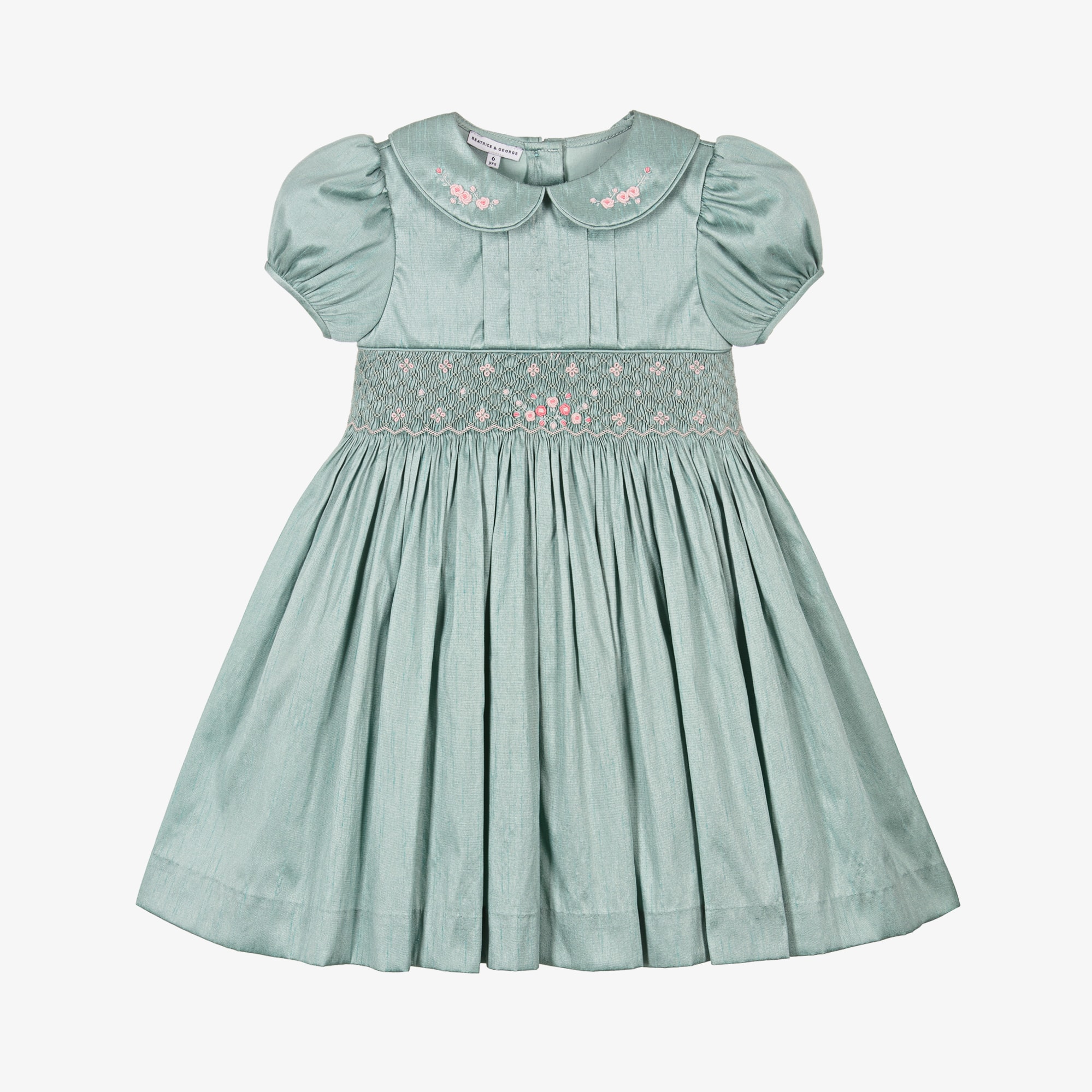 Girls Pink Hand-Smocked & Embroidered Dupion Dress - View 1