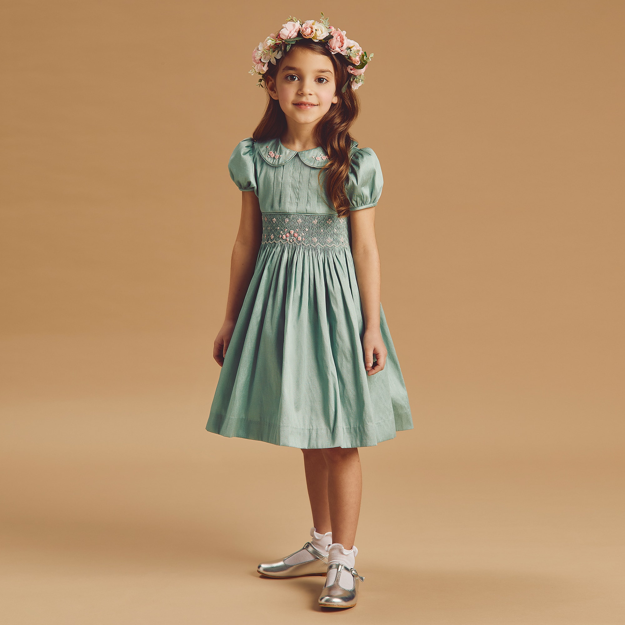 Girls Pink Hand-Smocked & Embroidered Dupion Dress - View 2