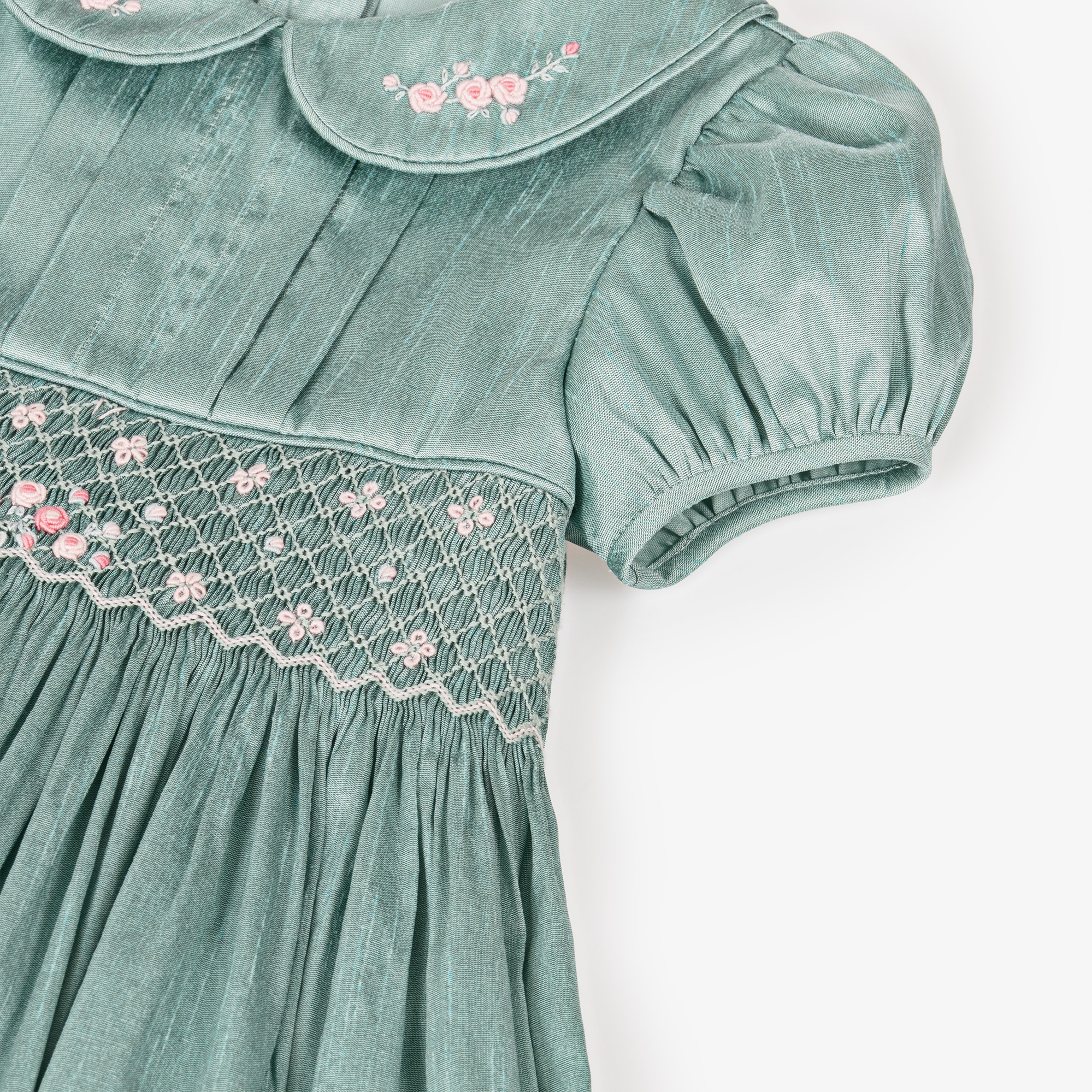 Girls Pink Hand-Smocked & Embroidered Dupion Dress - View 4