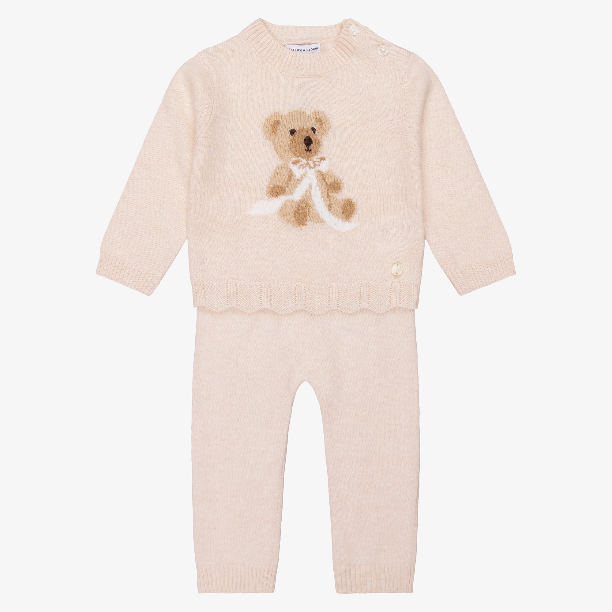 Girls Pink Knitted Leggings Set with Teddy Motif - View 1