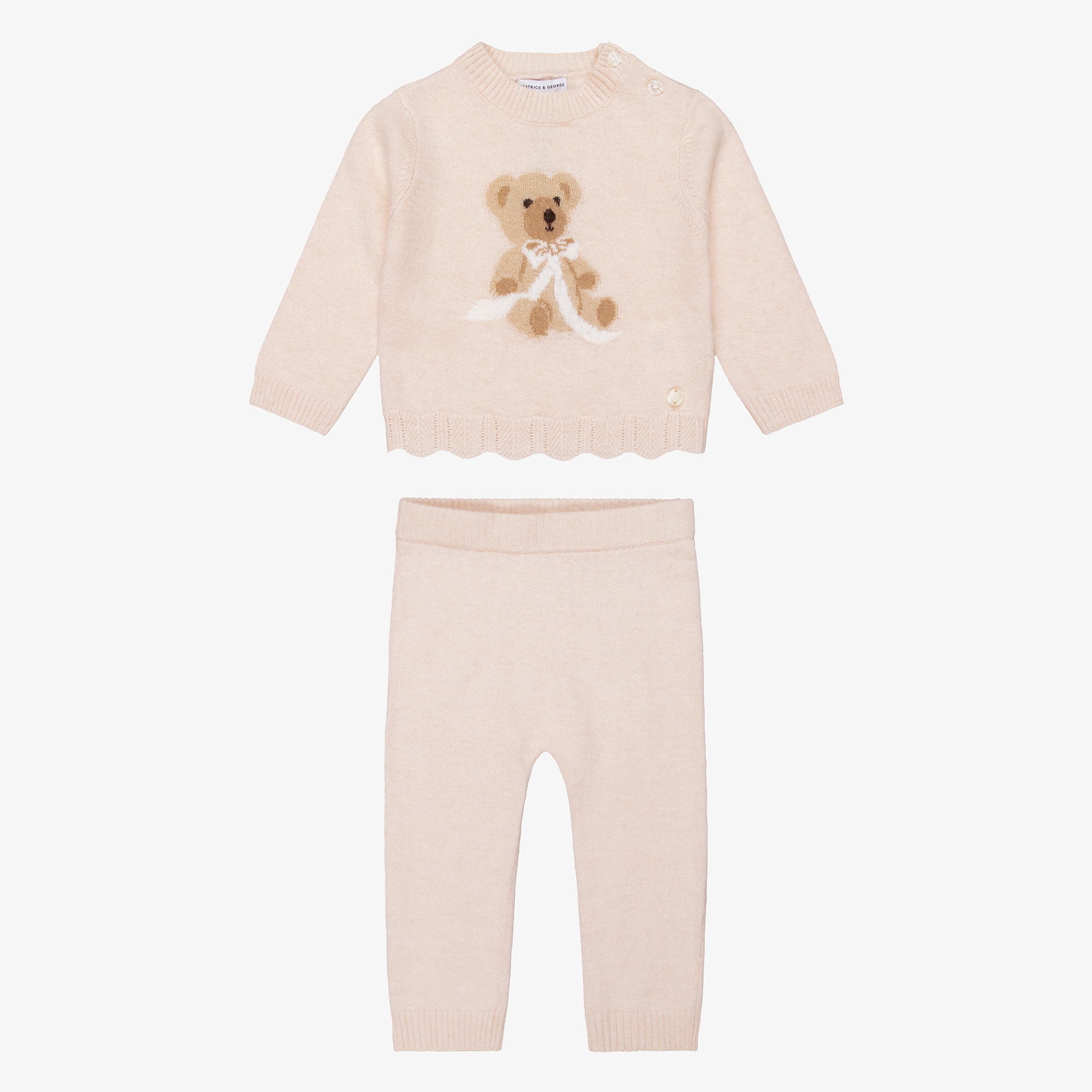 Girls Pink Knitted Leggings Set with Teddy Motif - View 2