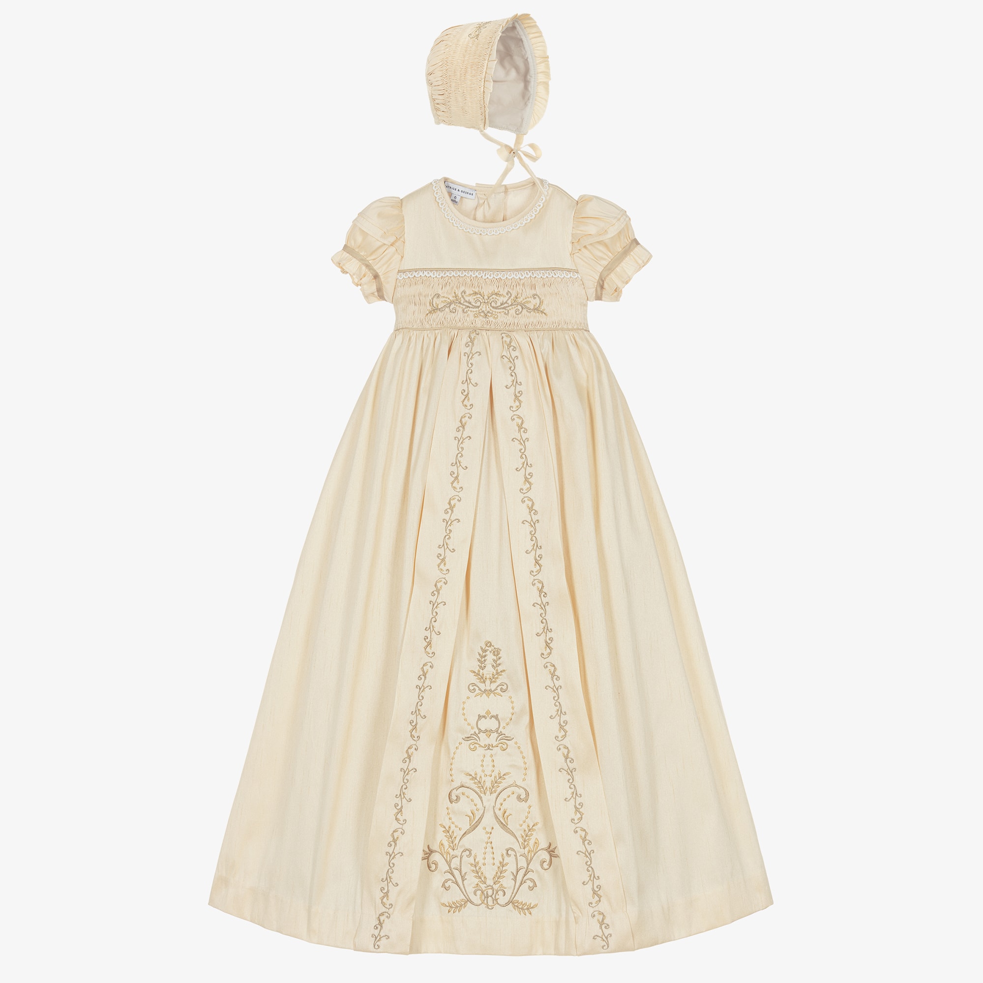 Gold Hand-Smocked Dupion Ceremony Gown & Bonnet Set - View 1
