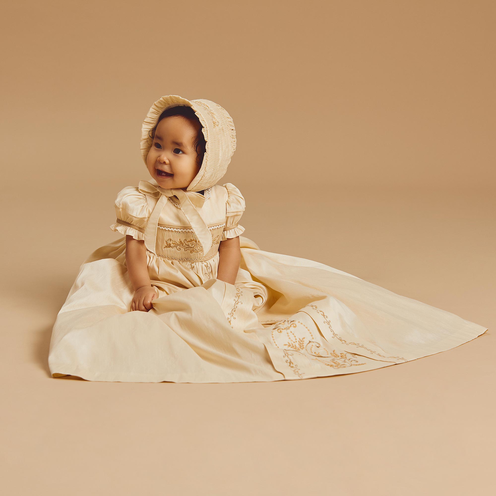 Gold Hand-Smocked Dupion Ceremony Gown & Bonnet Set - View 2