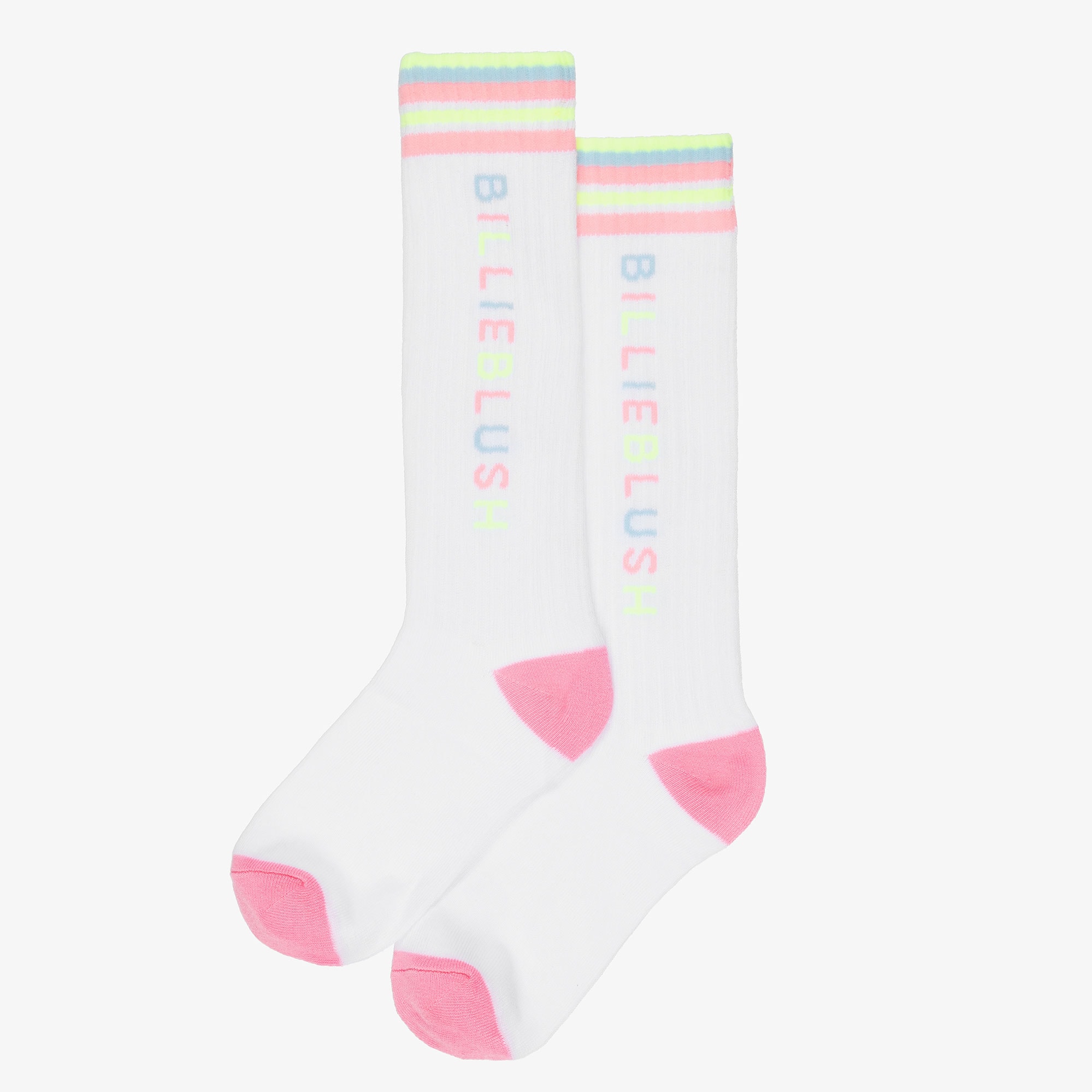 Girls White Knee High Logo Socks with Stripes - View 3