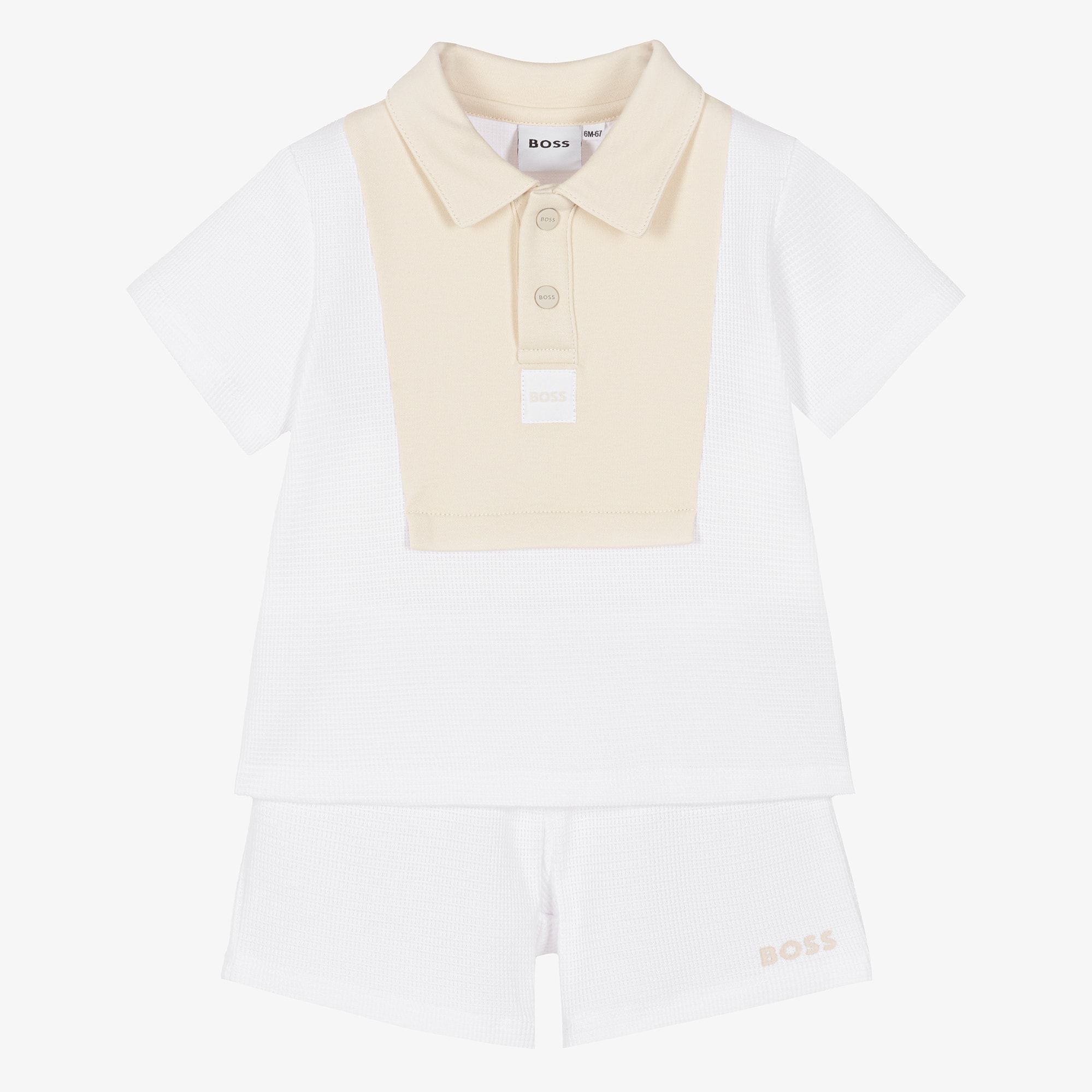 Baby Boys White & Beige Knitted Cotton Shorts Set - View 1