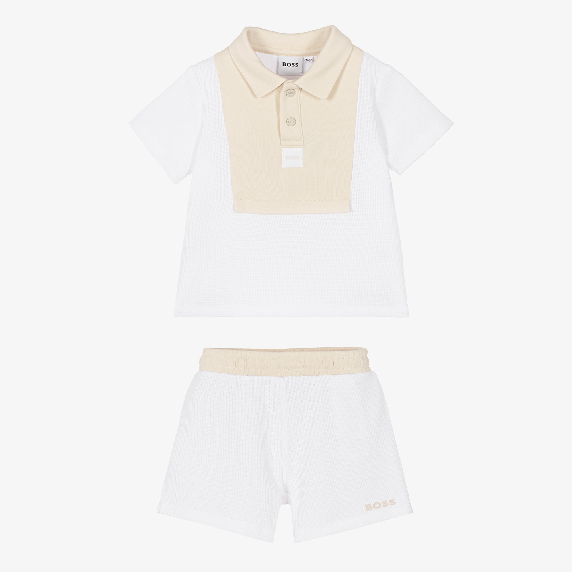 Baby Boys White & Beige Knitted Cotton Shorts Set - View 2