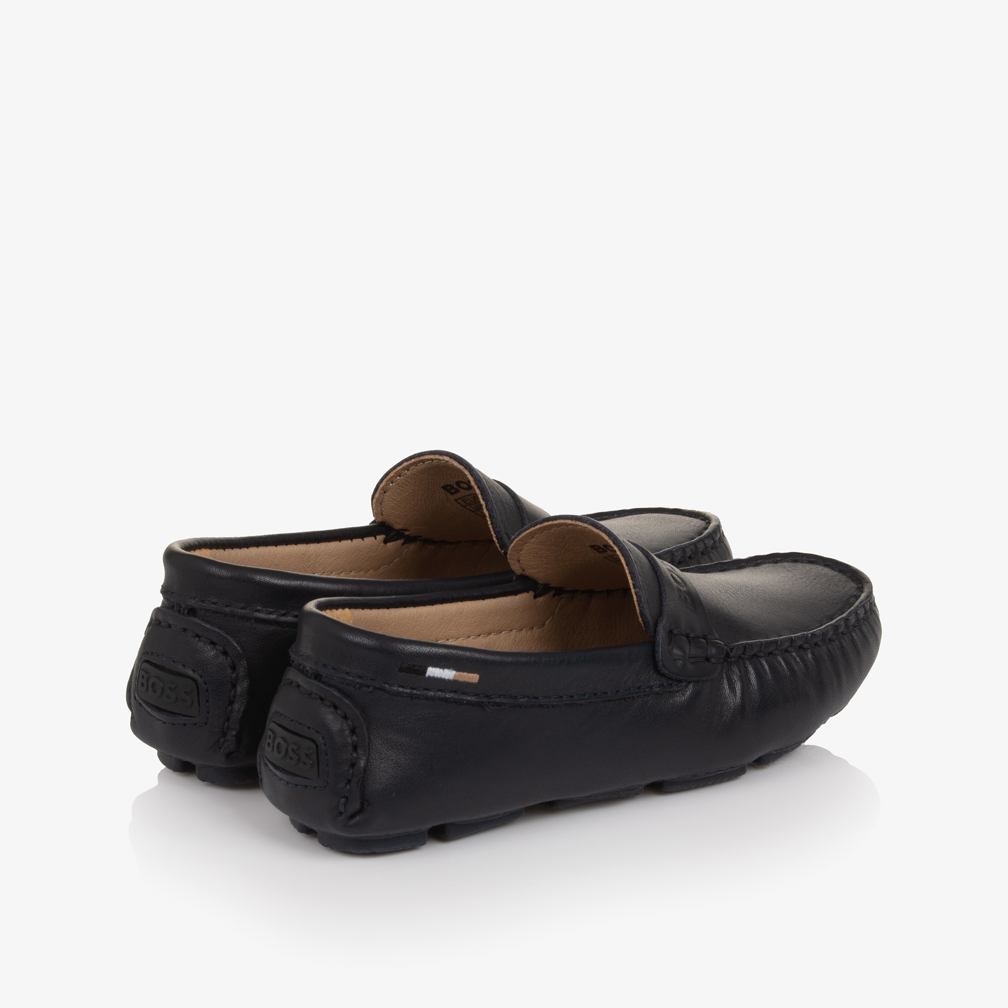 Boys Navy Blue Leather Moccasins with Logo Strap - View 2