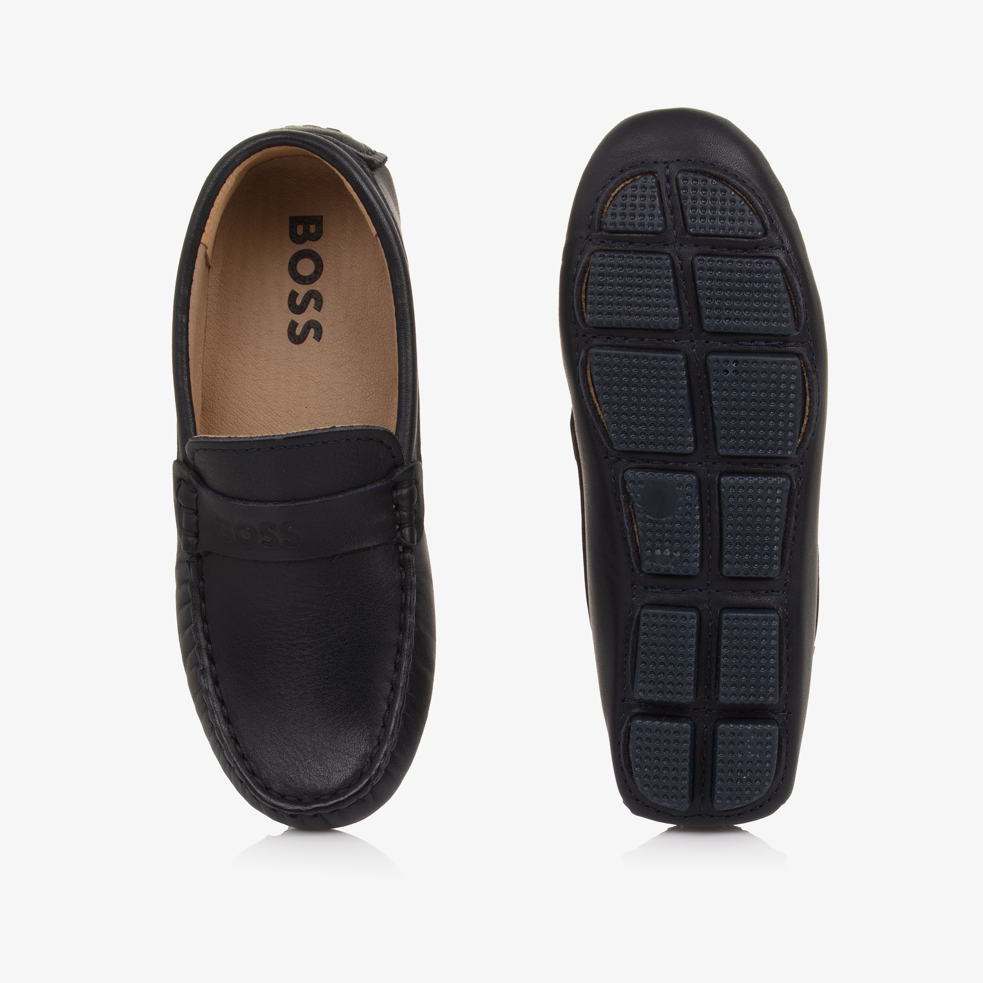 Boys Navy Blue Leather Moccasins with Logo Strap - View 3