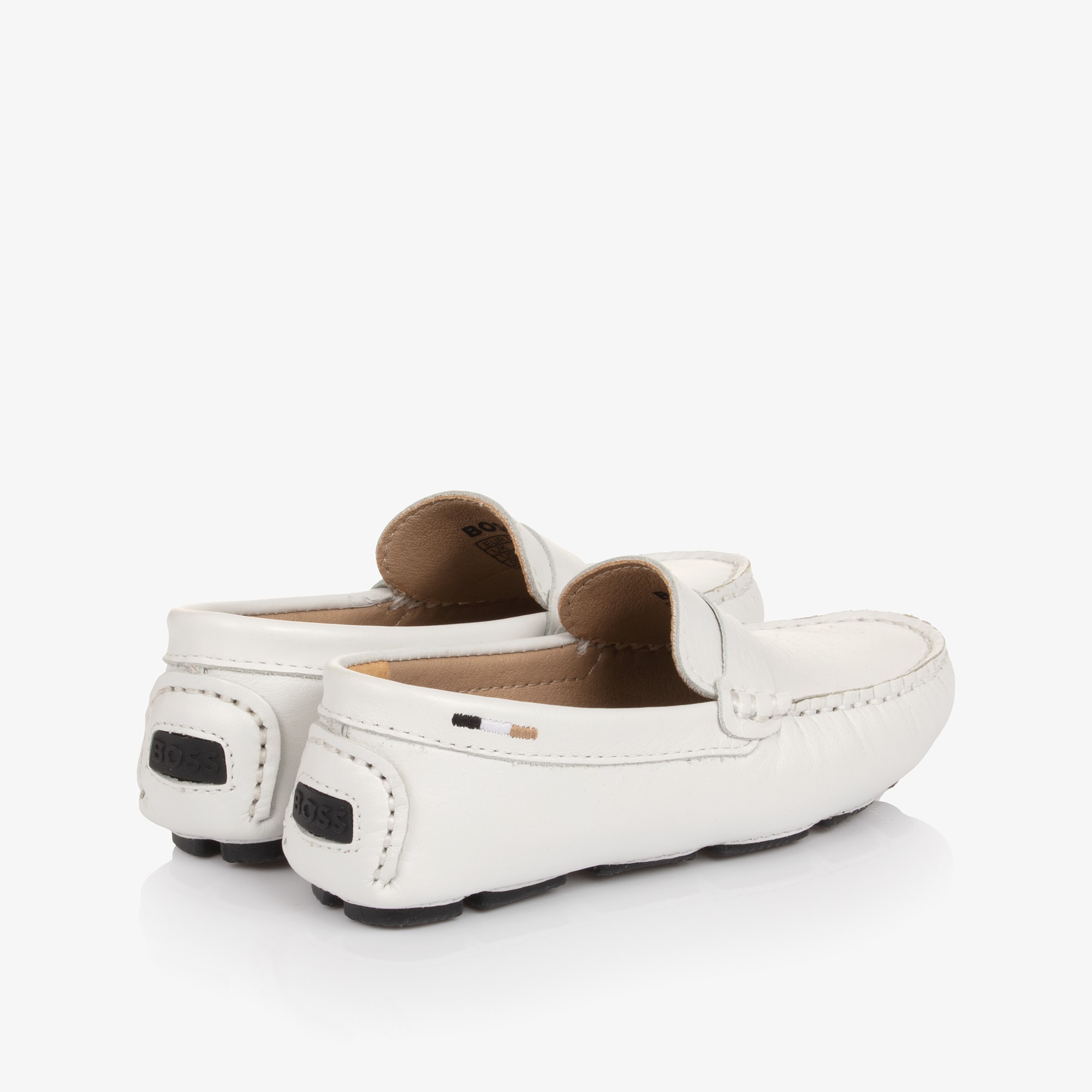 Boys White Leather Moccasins with Logo Strap - View 3