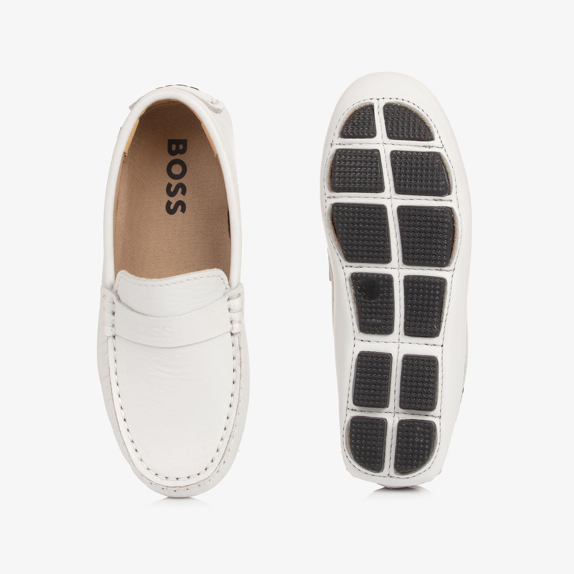 Boys White Leather Moccasins with Logo Strap - View 4