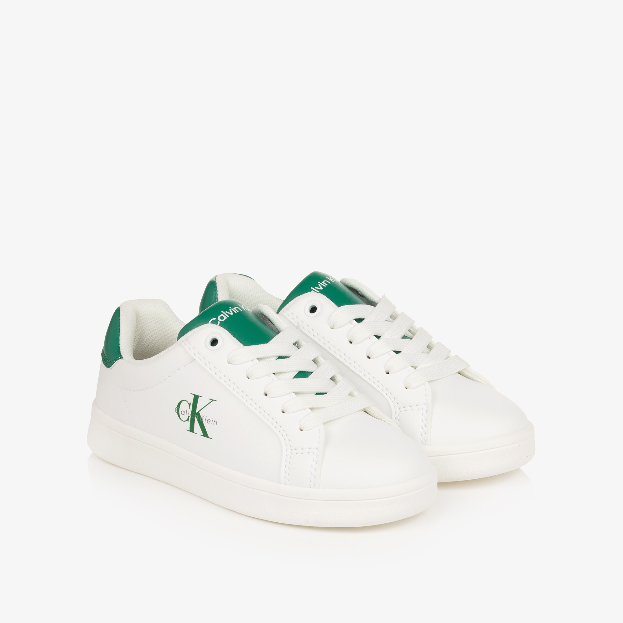 Boys White Faux Leather Trainers with Green Detailing - View 1