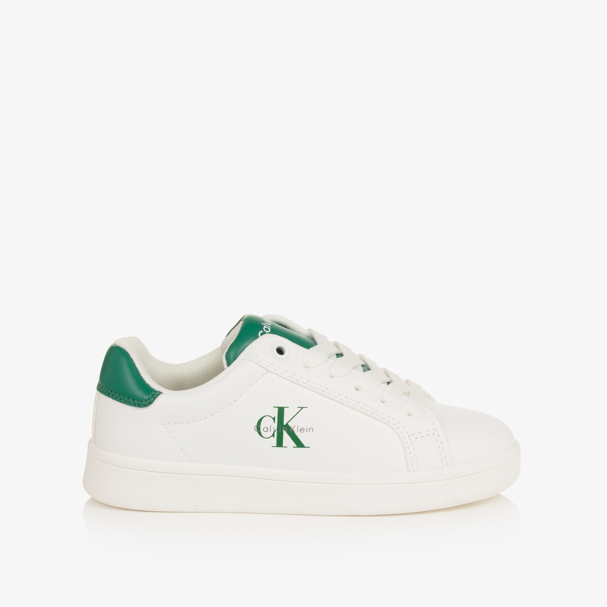Boys White Faux Leather Trainers with Green Detailing - View 4