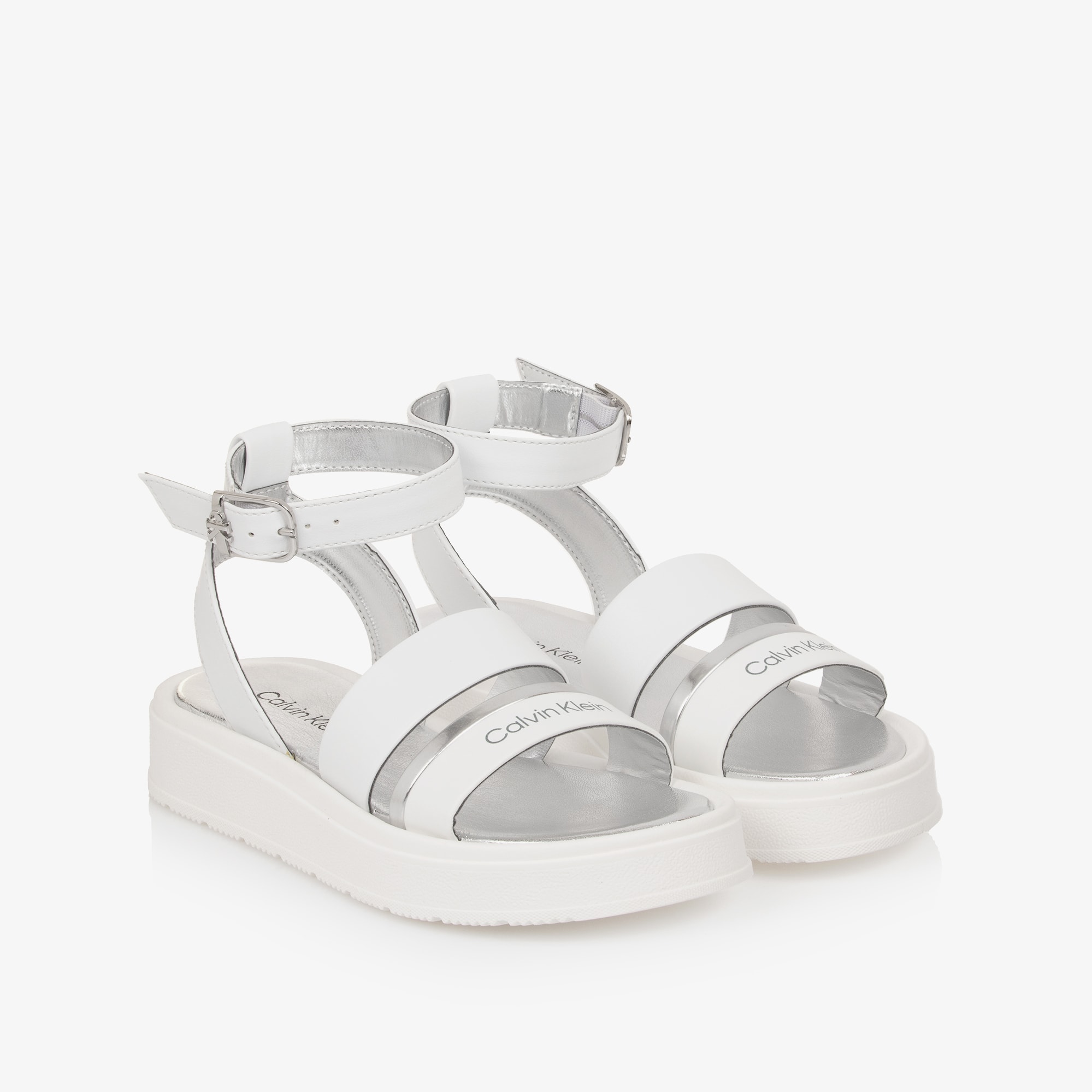 Girls White Faux Leather Sandals with Silver Trims - View 1