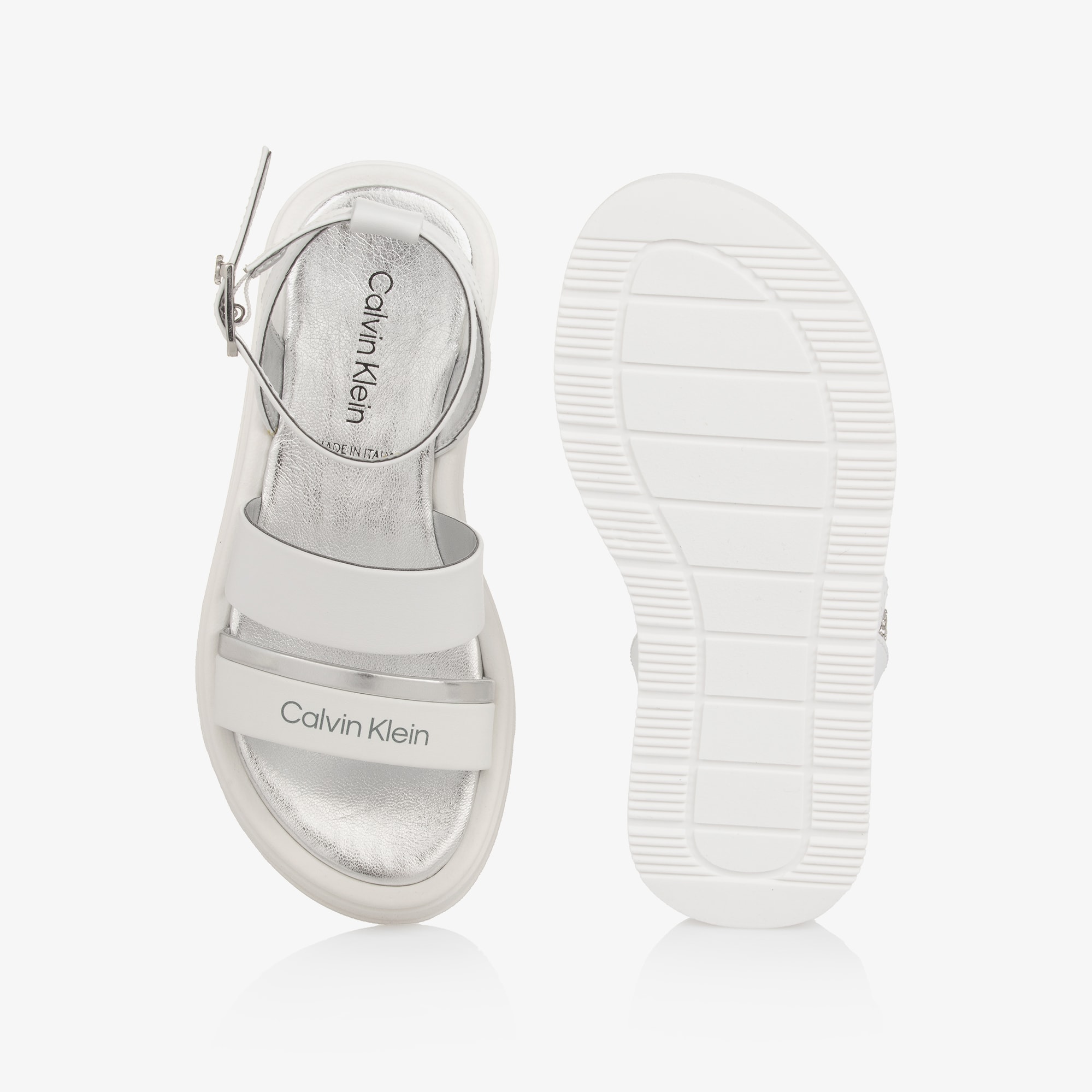 Girls White Faux Leather Sandals with Silver Trims - View 3
