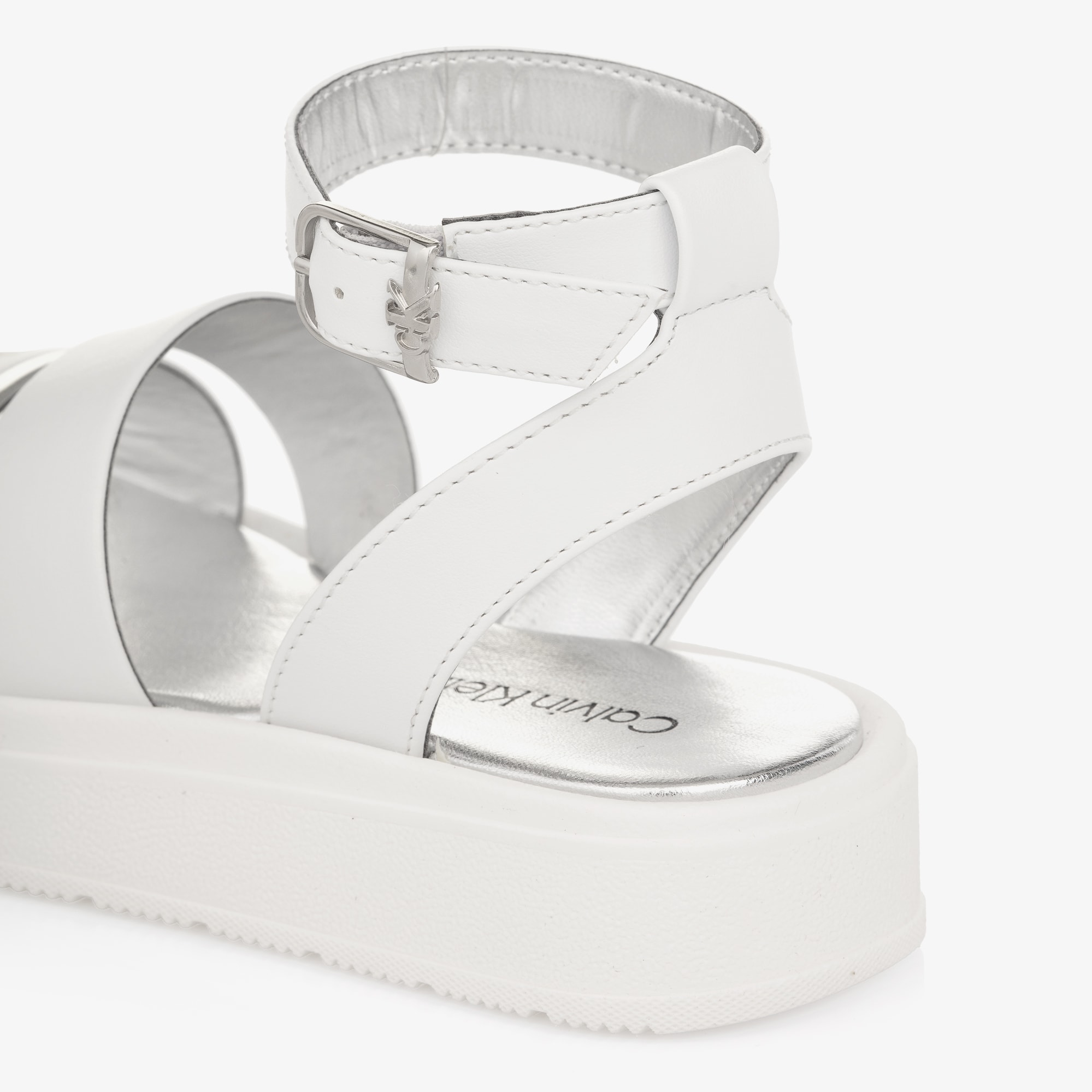 Girls White Faux Leather Sandals with Silver Trims - View 5