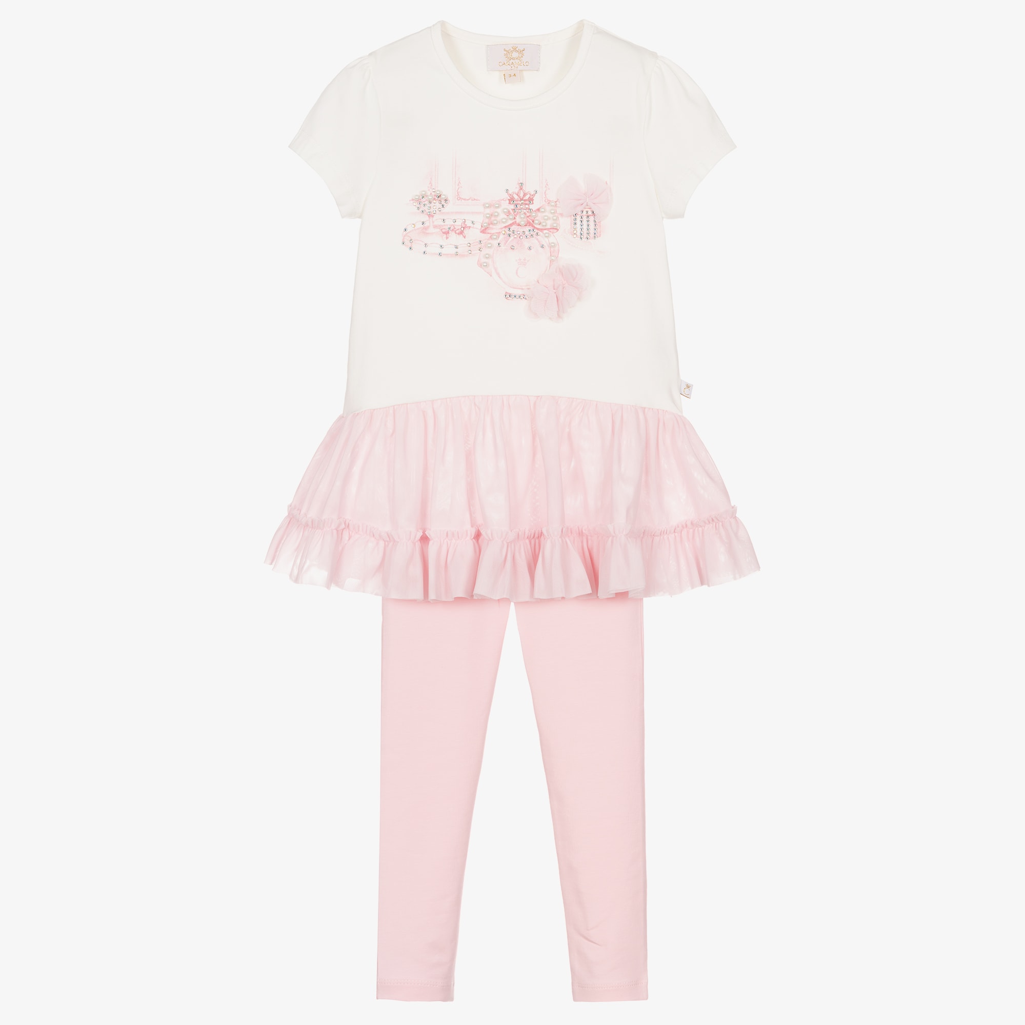 Girls Blue Cotton Leggings Set with Frills, Pearls & Diamantés - View 1