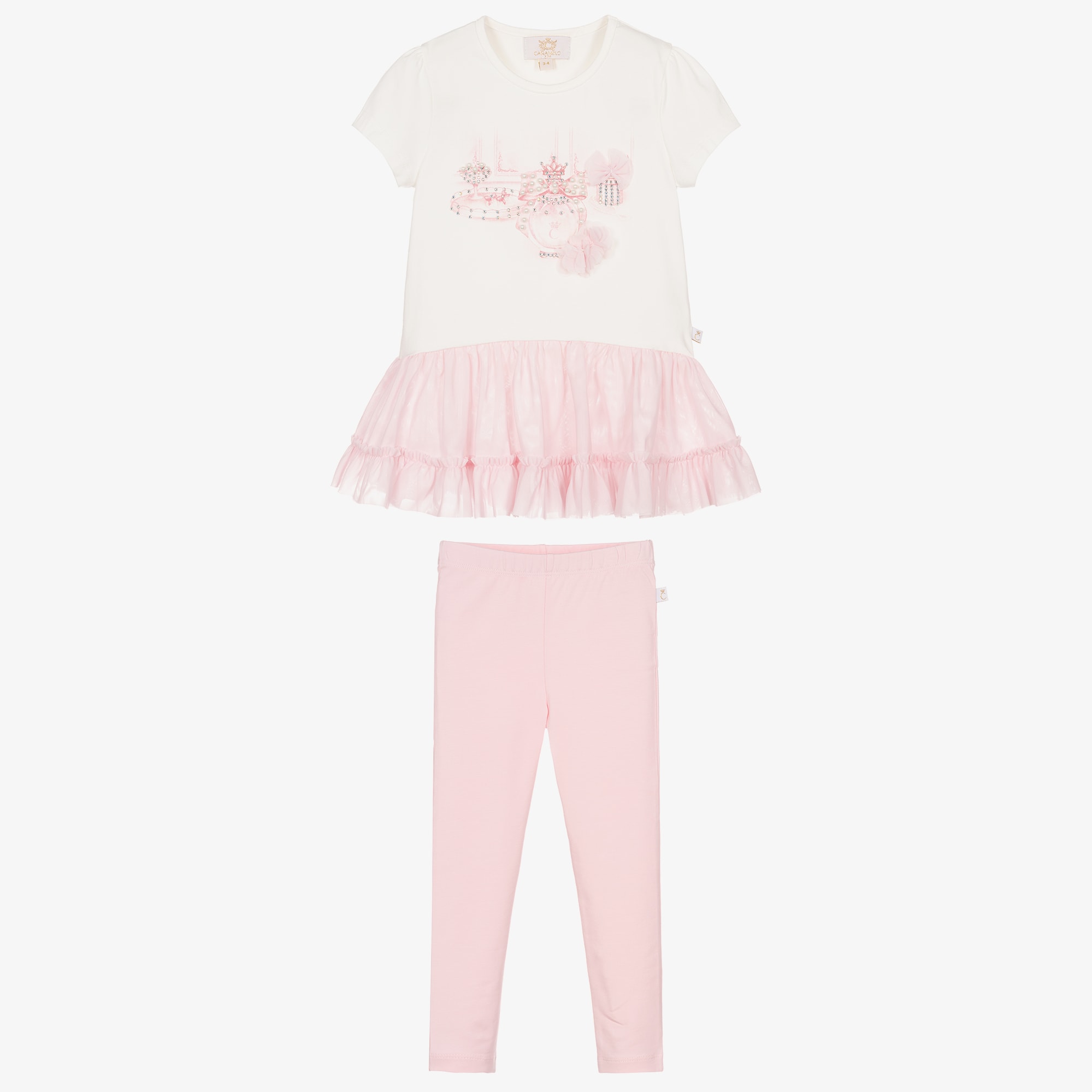 Girls Blue Cotton Leggings Set with Frills, Pearls & Diamantés - View 3